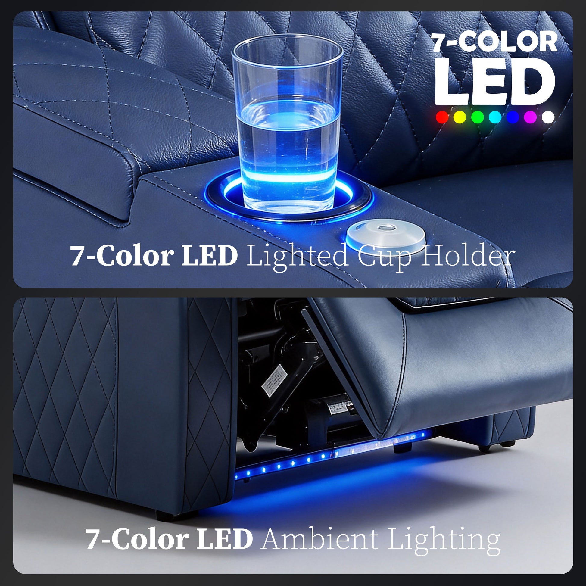 Blue cinema seating with 7-color ambient lighting and illuminated cup holders