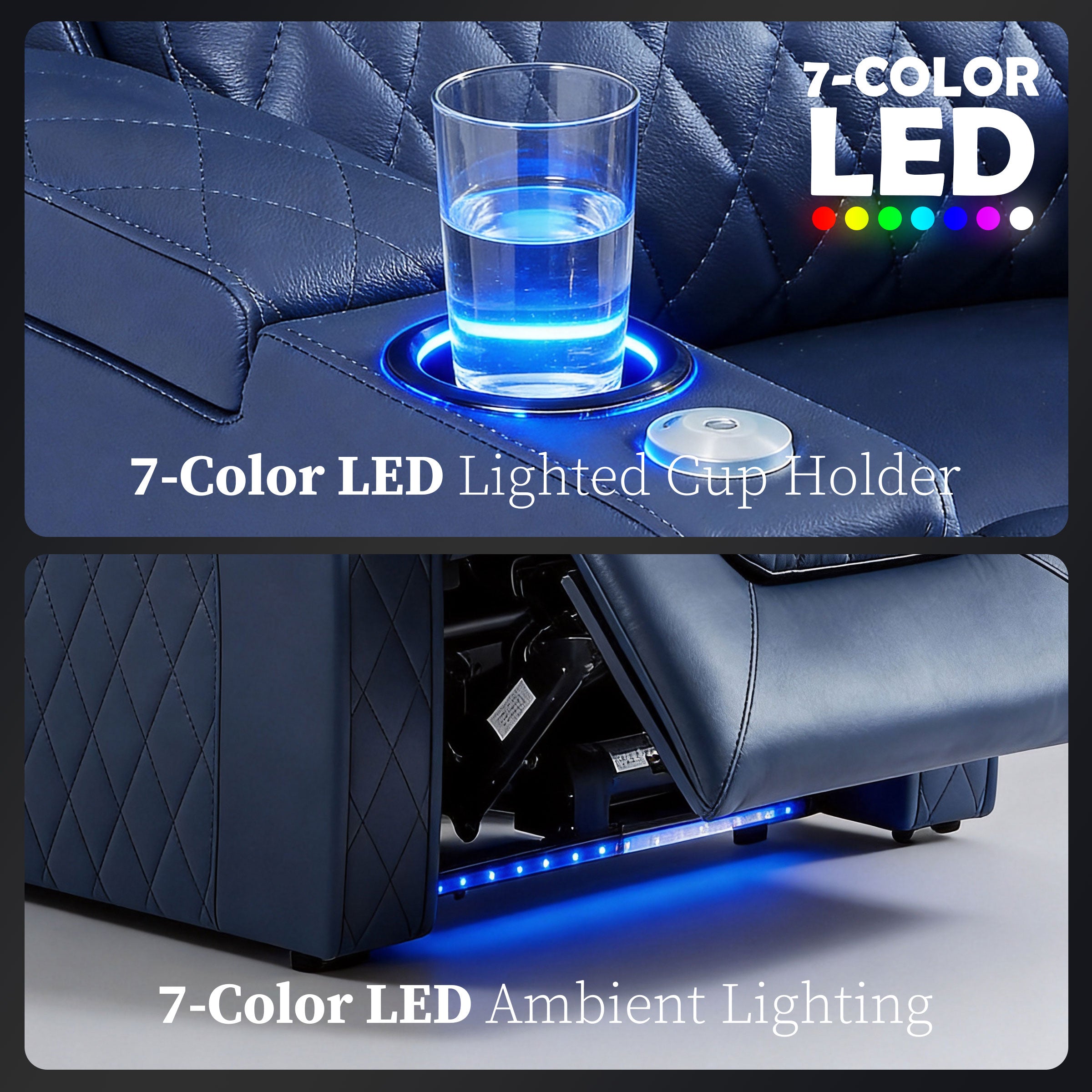Blue cinema seating with 7-color ambient lighting and illuminated cup holders