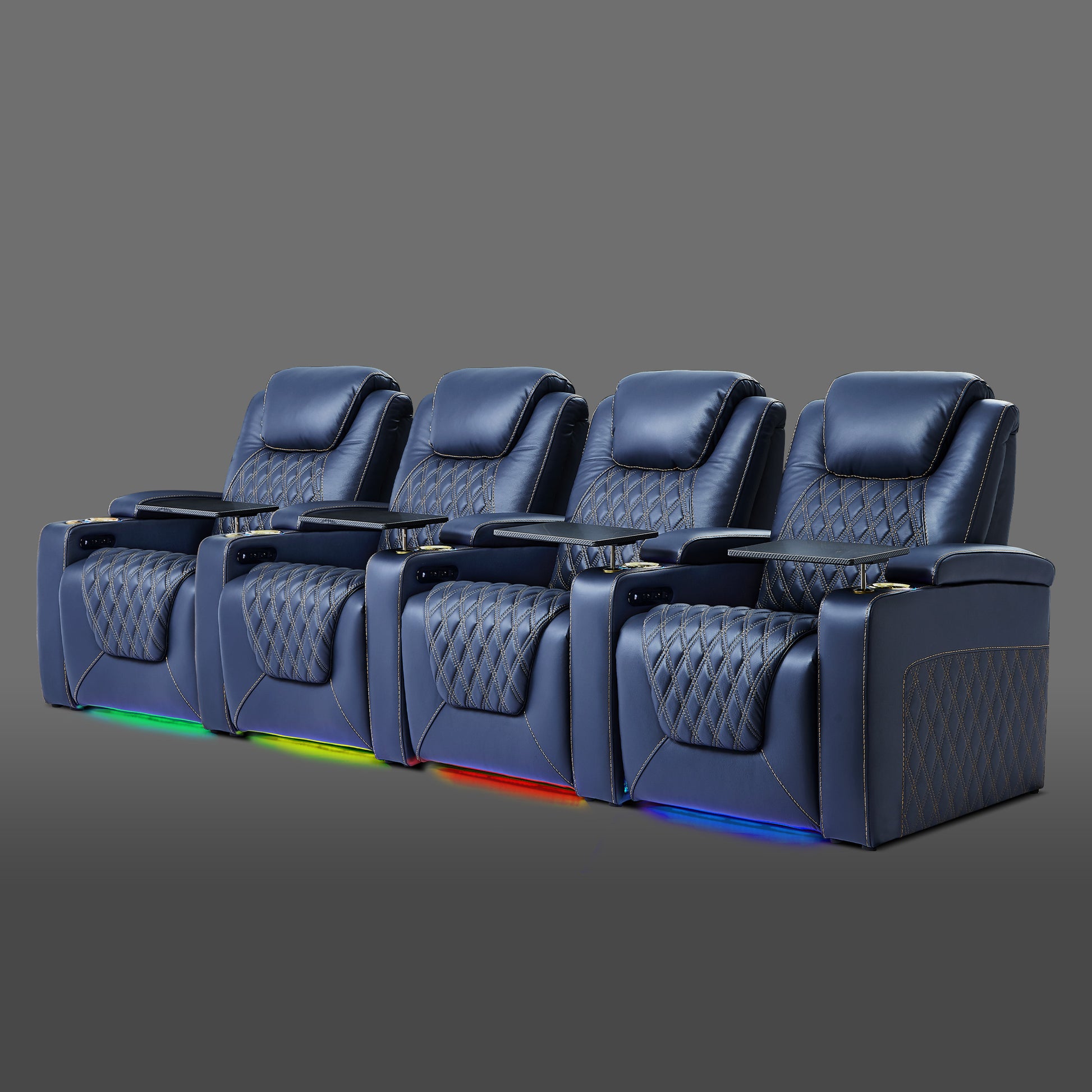 Blue four movie chair with integrated lighting along the base