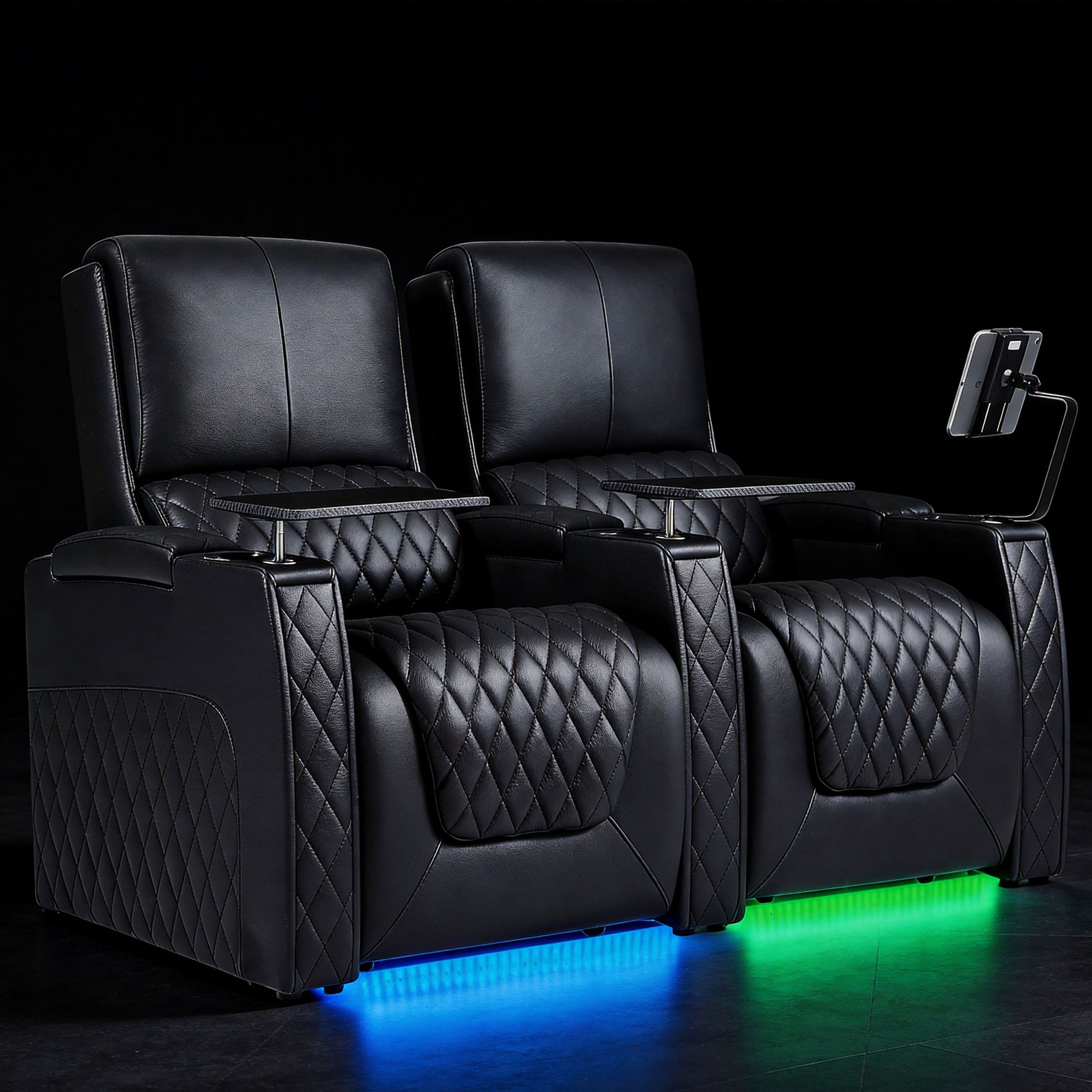 Axys seires black leather home theater seating with multicolor LED base lighting