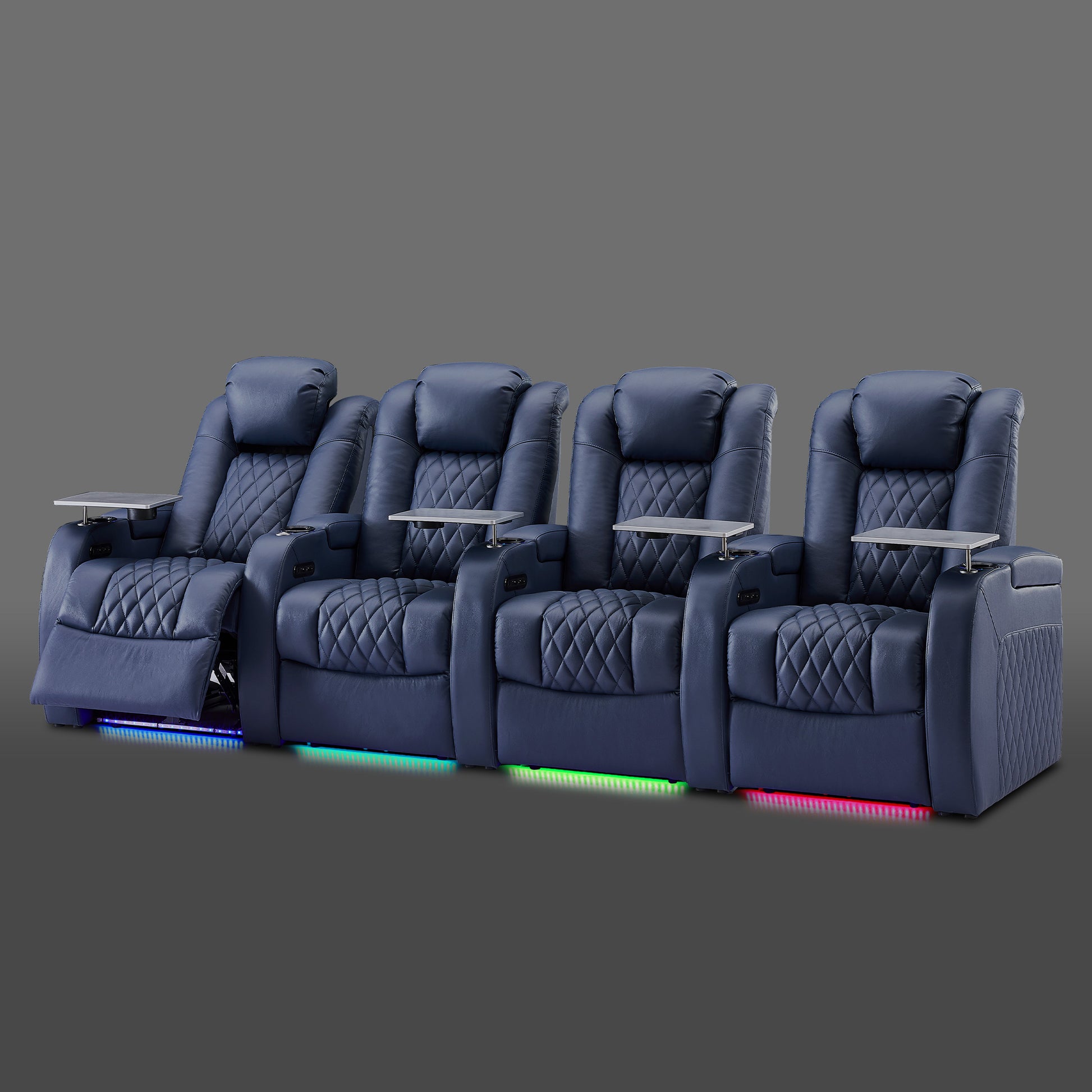Blue 4-seat genuine recliner arranged for a home entertainment space