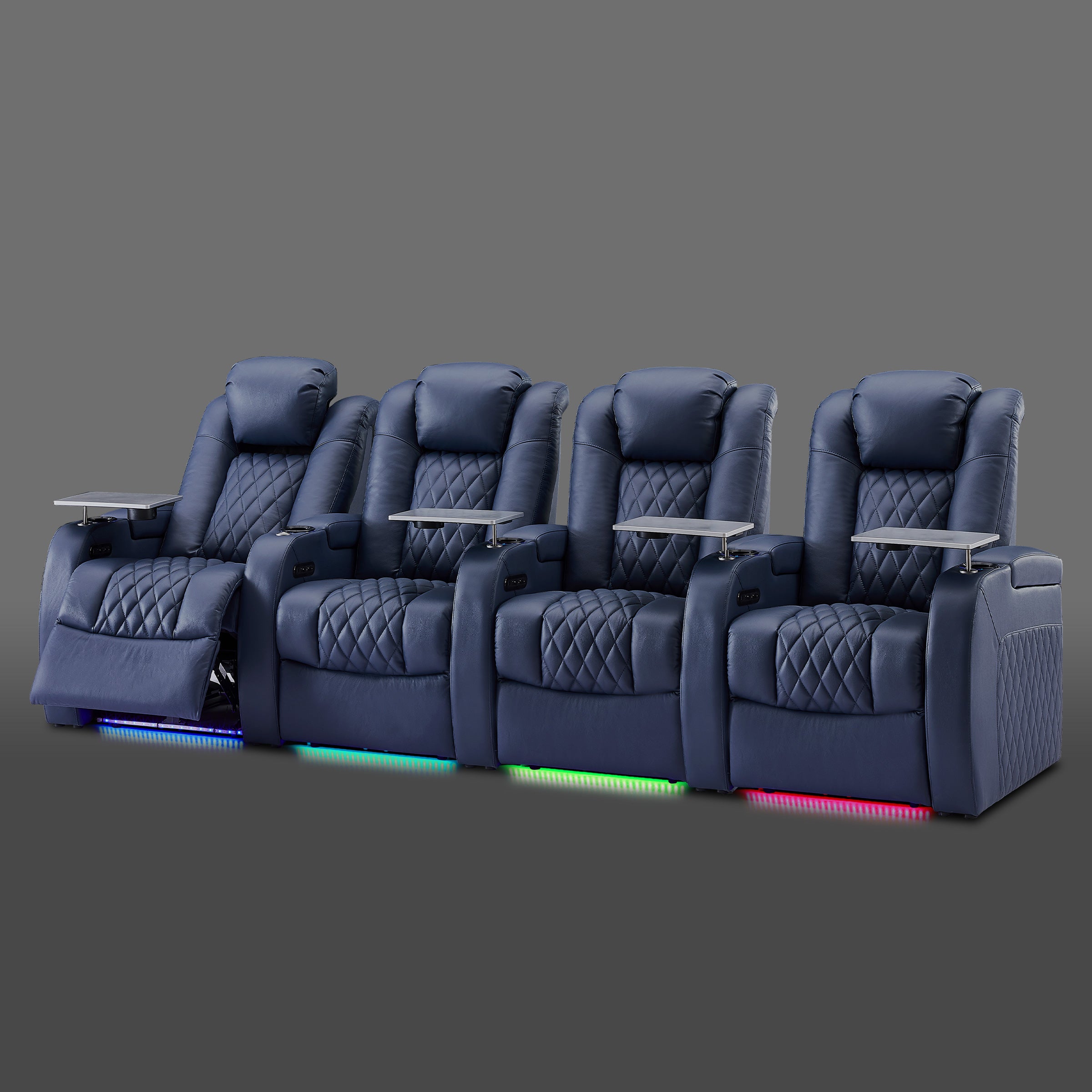 Blue 4-seat genuine recliner arranged for a home entertainment space