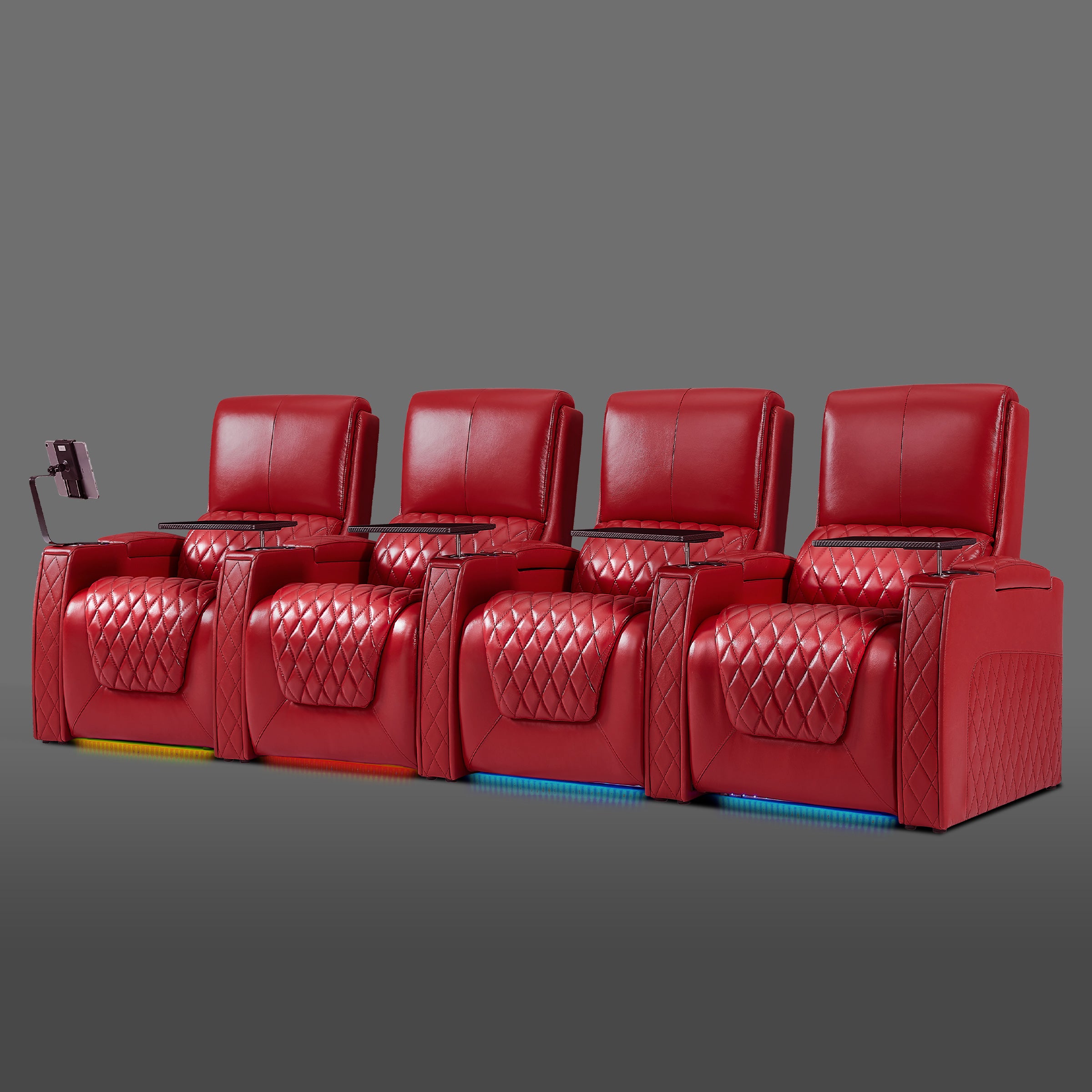 Axys series red four-seat reclining media room sofa with modern LED illumination