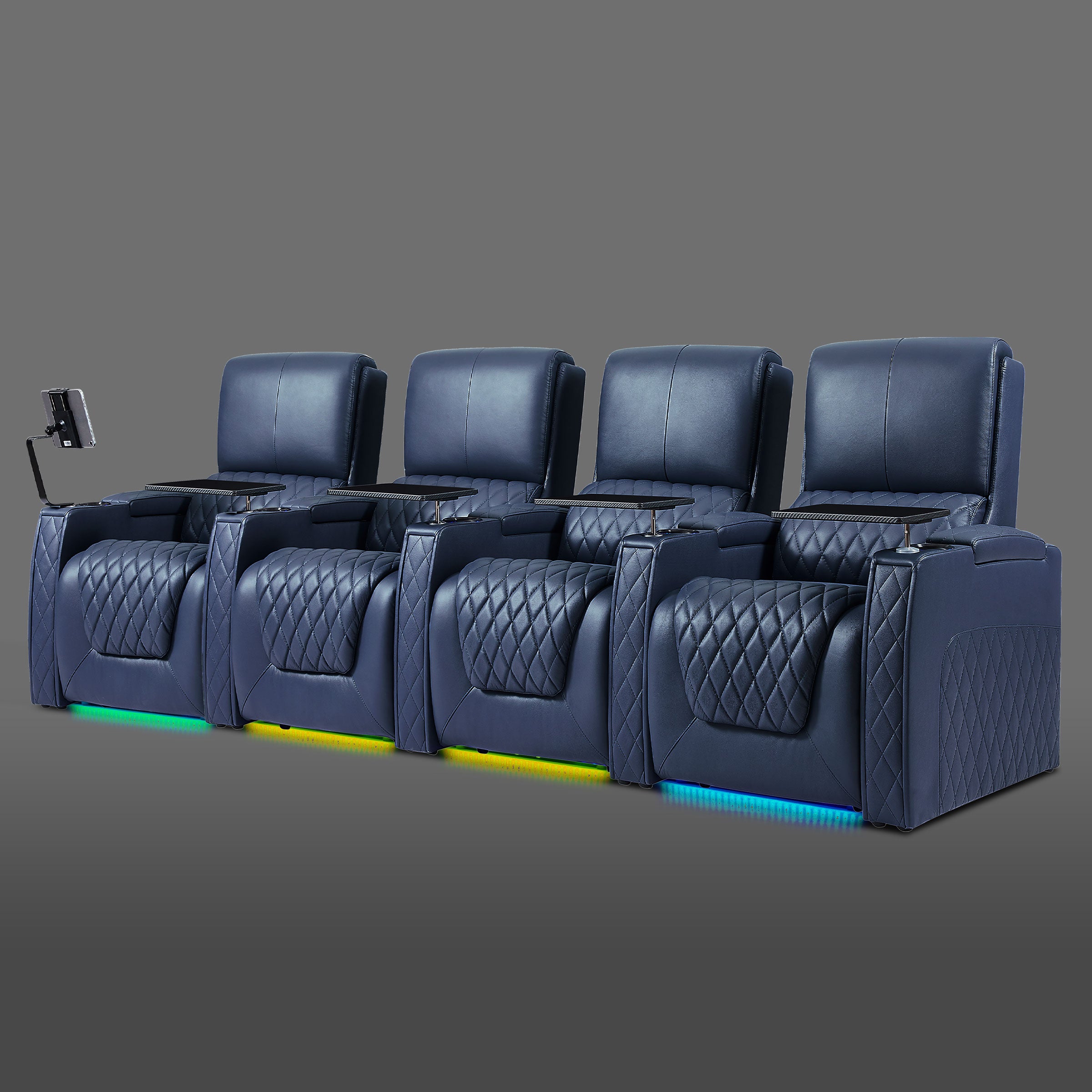Axys series blue 4-seat reclining home theater sofa with modern LED accent lighting