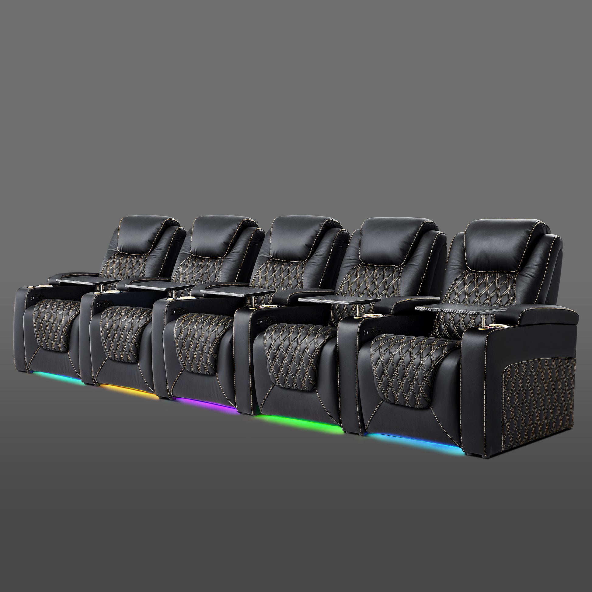 Black 5-seat home theater recliner with ambient lighting
