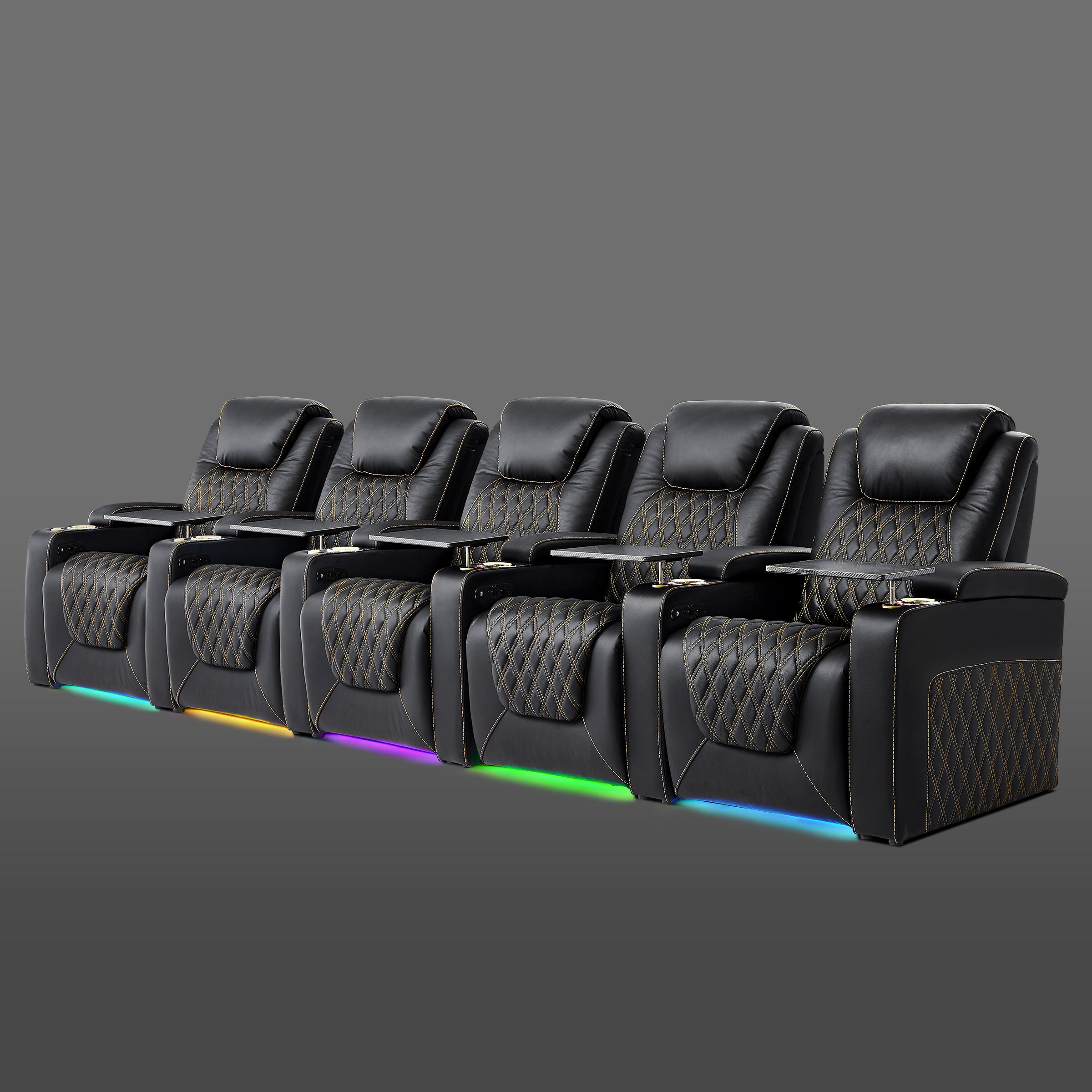 Black 5-seat home theater recliner with ambient lighting
