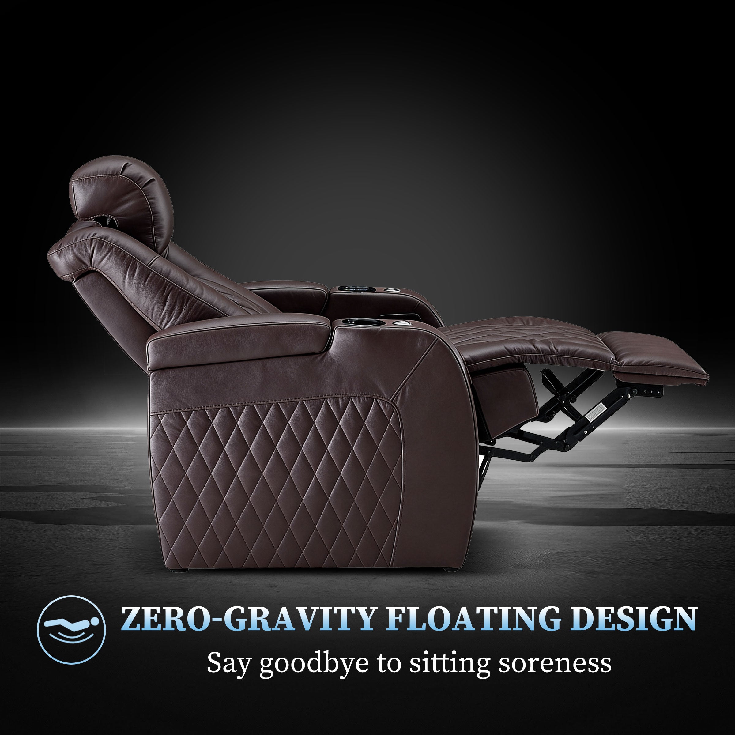 Brown cinema seating with zero gravtiy