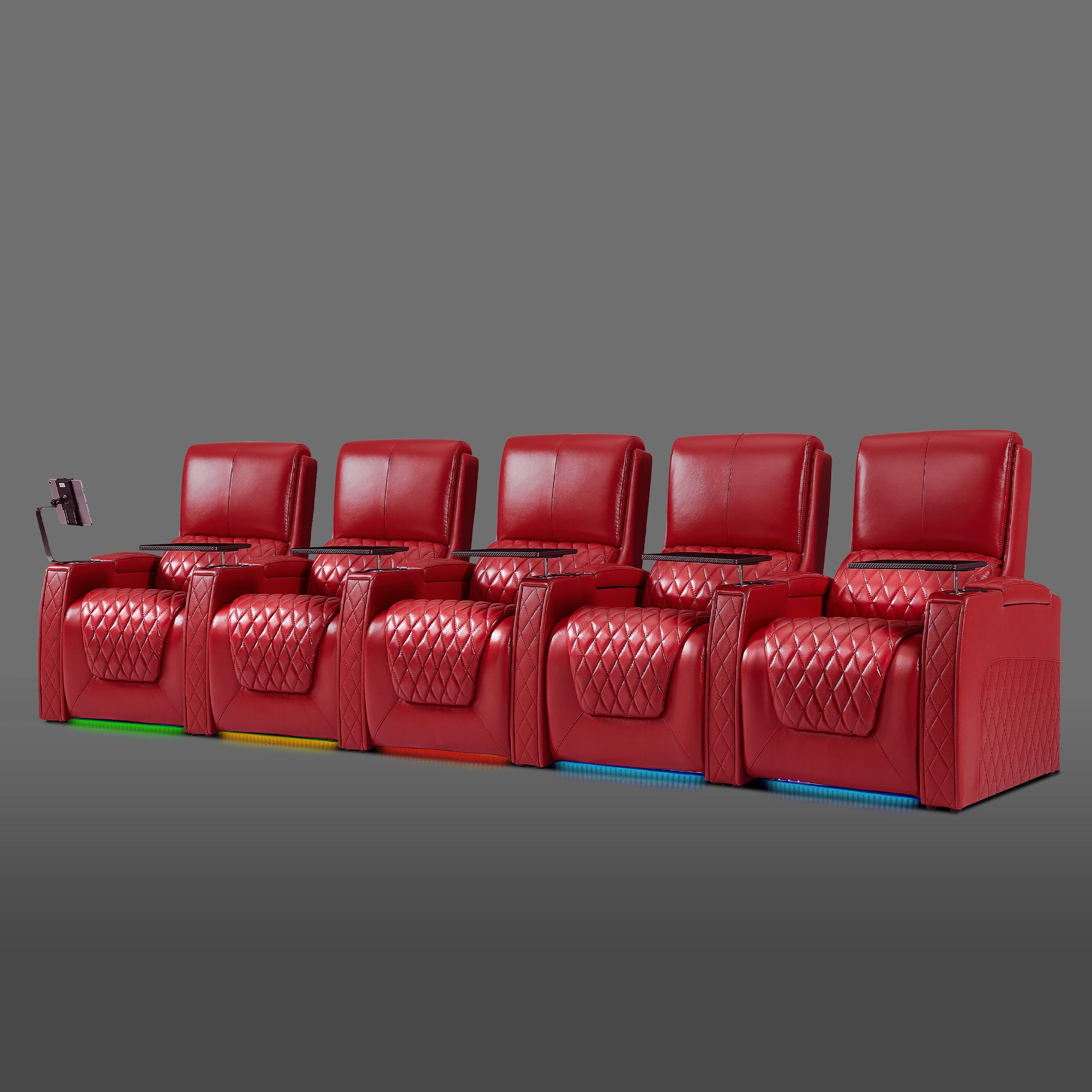 Axys series red five-seat theater lounge seating with powered recline and storage console