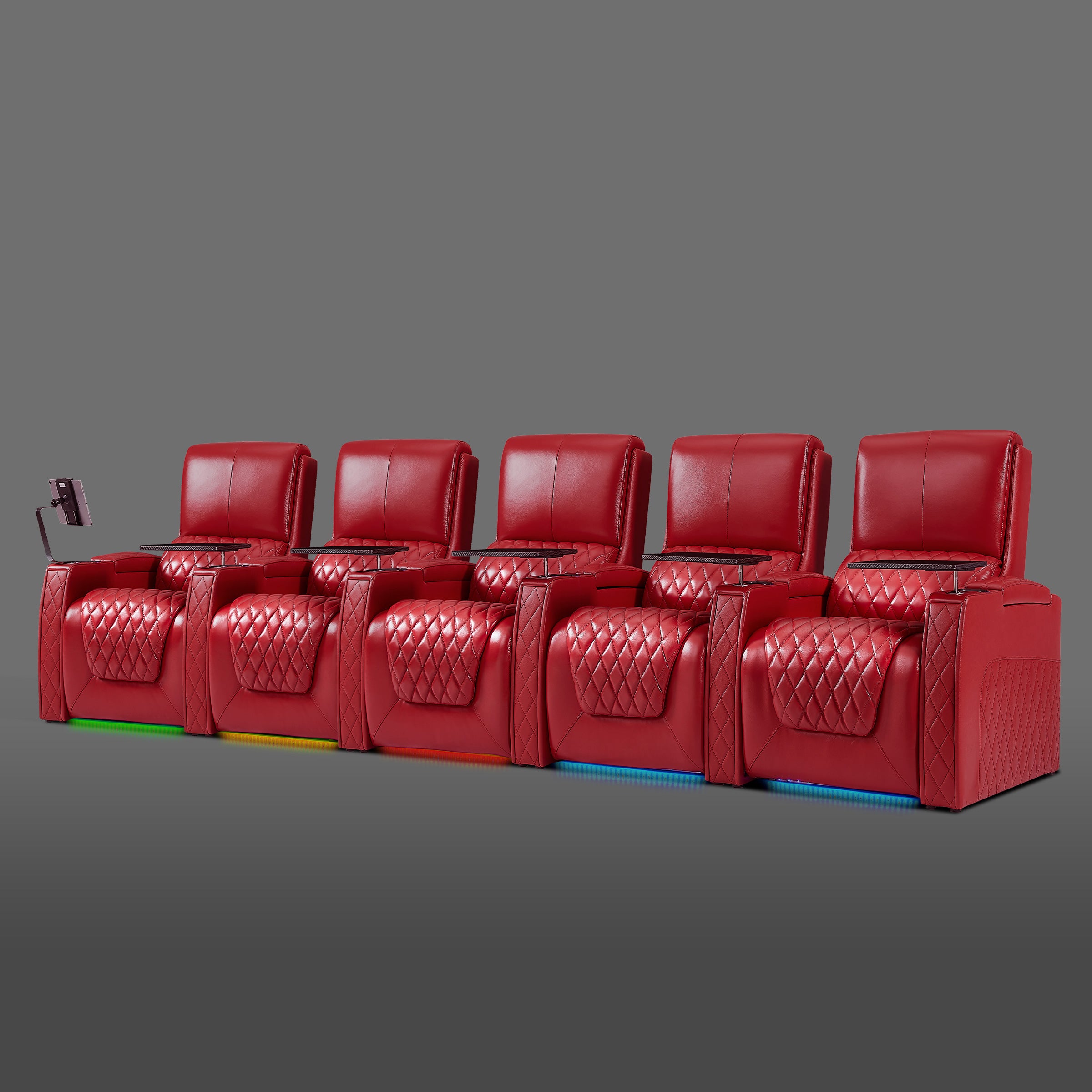 Axys series red five-seat theater lounge seating with powered recline and storage console