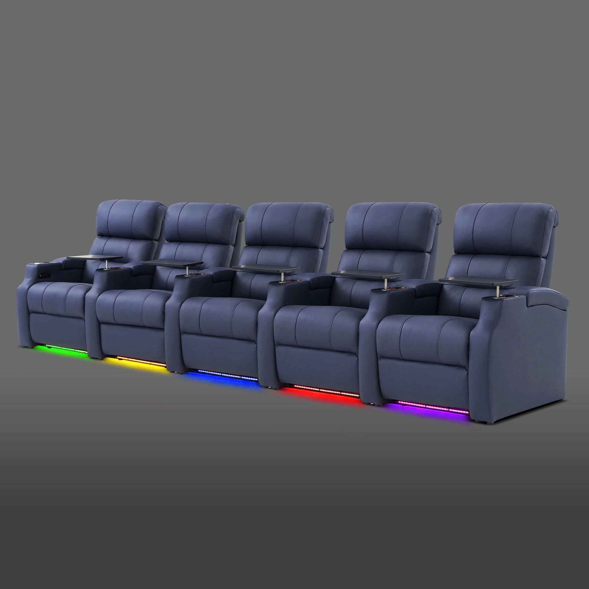 Edgex Series blue 5-seat home cinema couch with color LED under-lighting