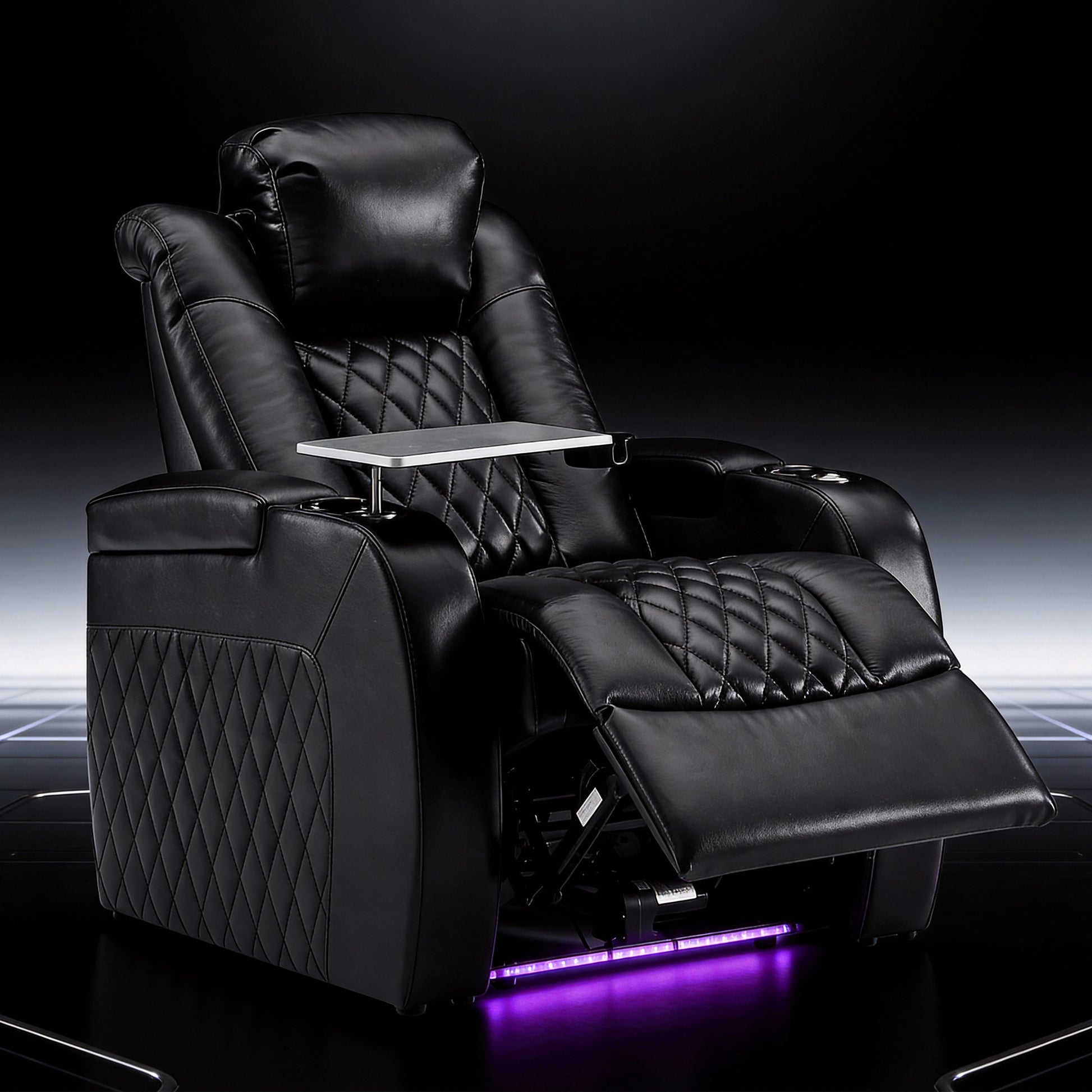 Black movie chair with padded armrests and purple LED ambient lighting