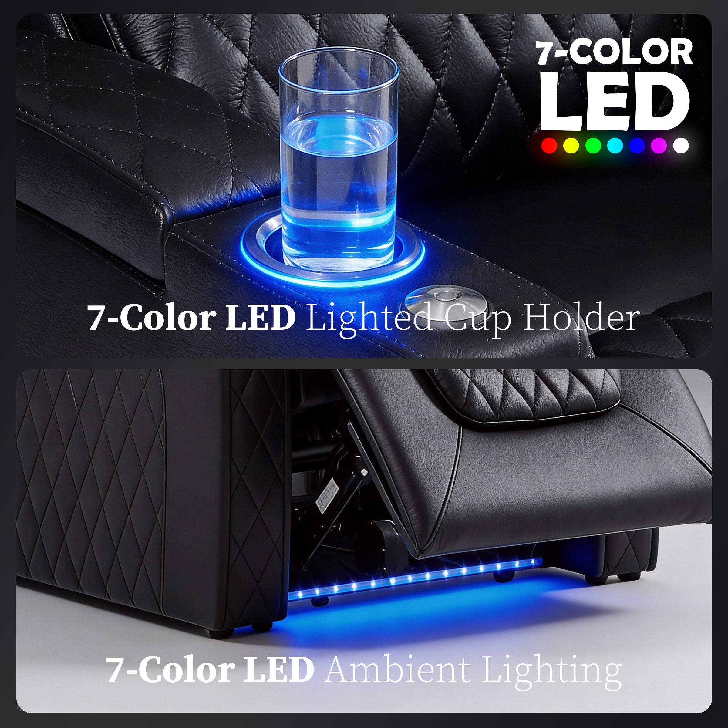 Home theater recliner sofa with 7-color adjustable LED ambient lighting and illuminated cup holders