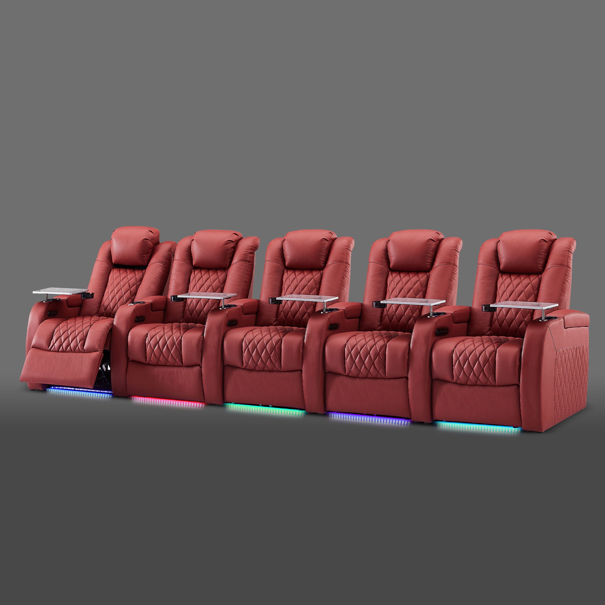 Red 5 seat power sofa with swivel tray table