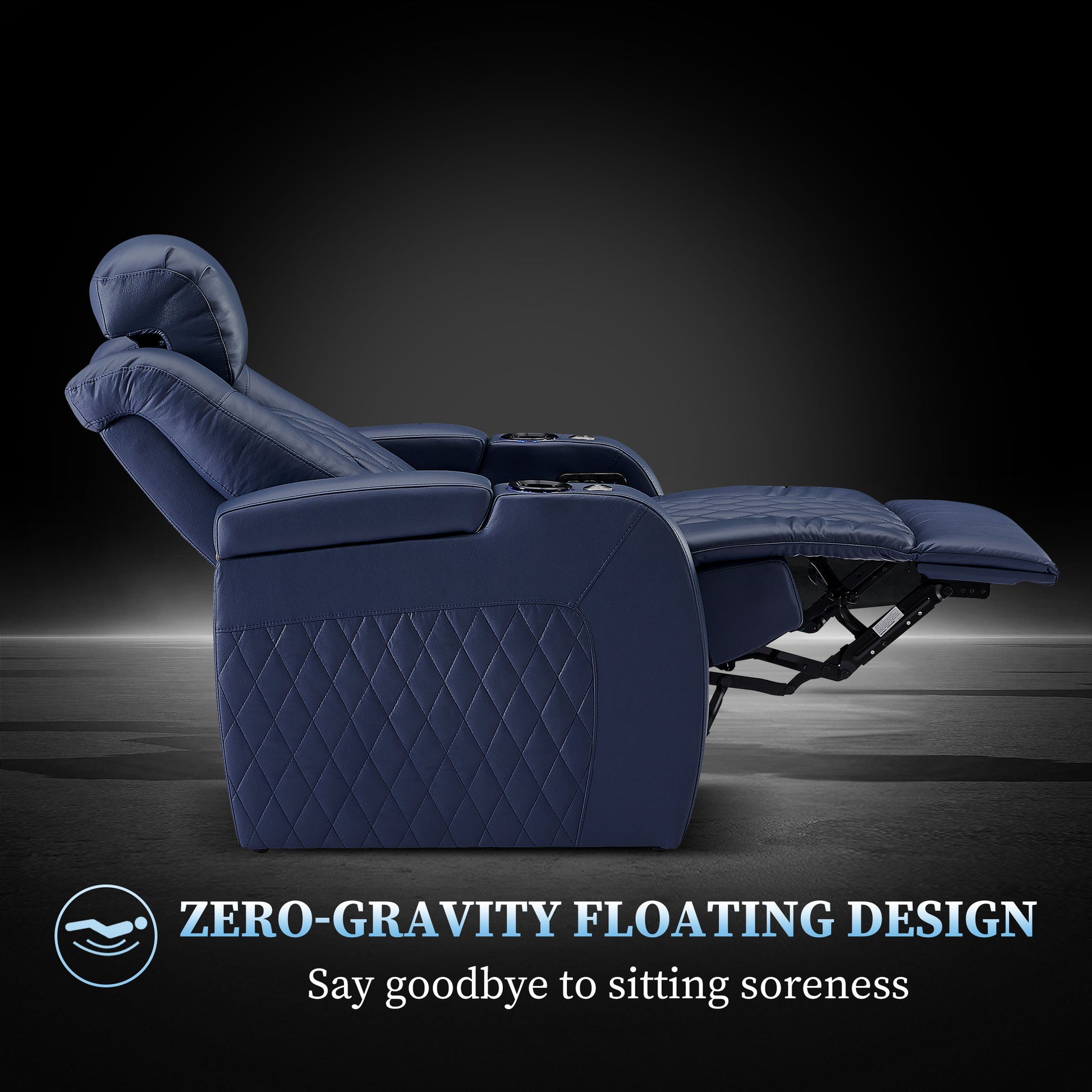 Blue seating shown reclined for relaxed viewing