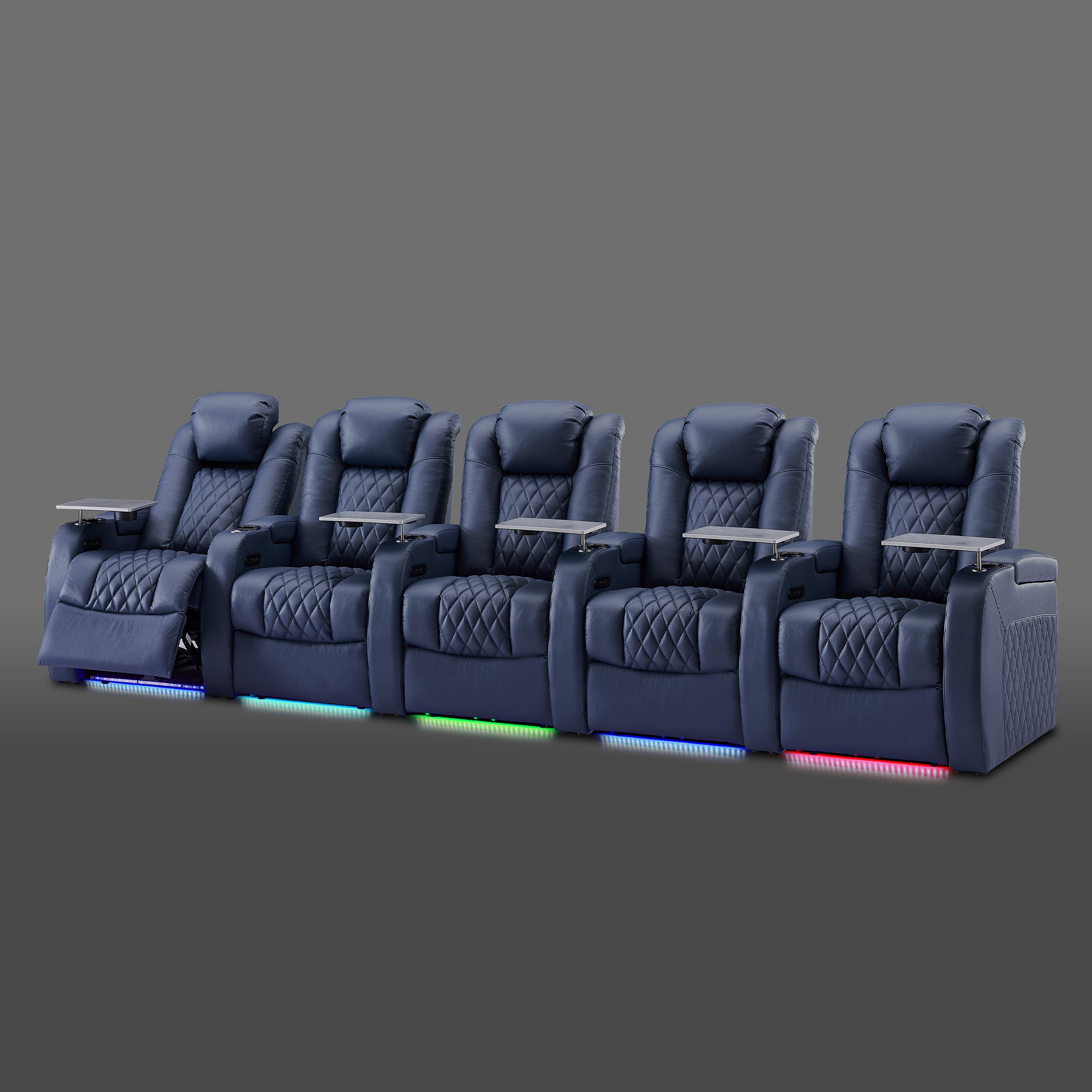 Blue 5-seat home theater recliner with zero gravity reclining for family movie rooms