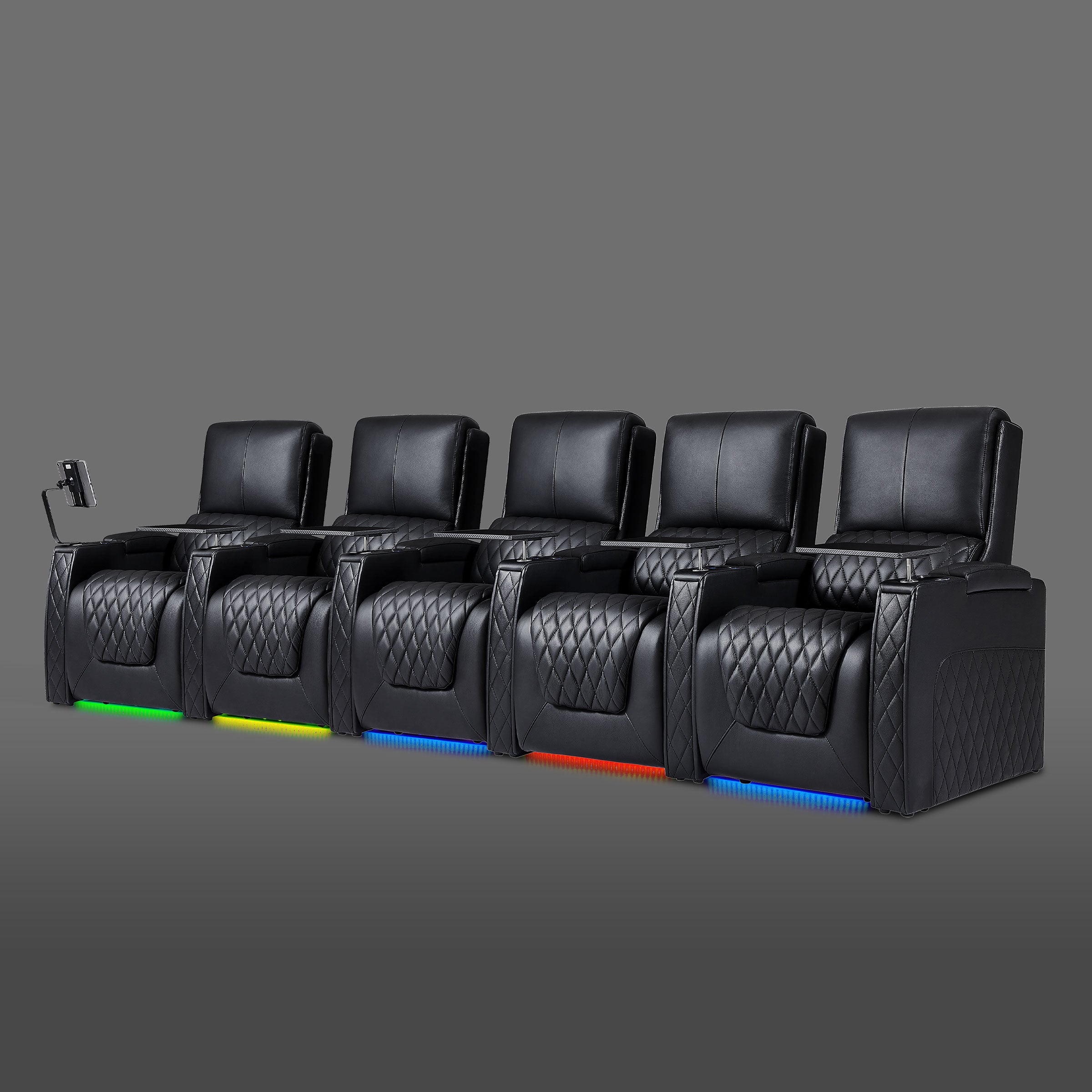 Axys series black leather 5-seat home theater seating with power recliners, LED lighting and center console