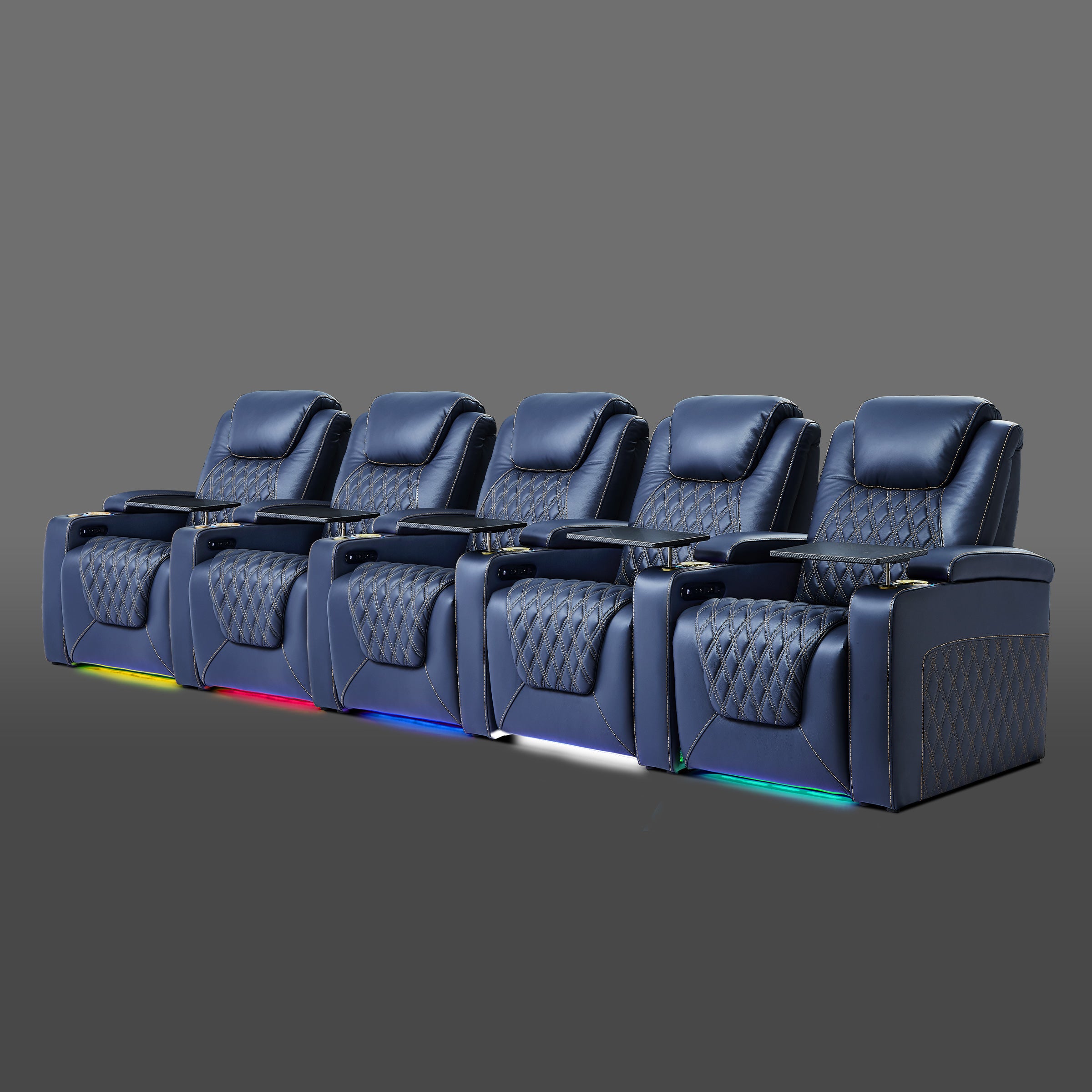 Blue five chair seating row designed with adjustable headrests