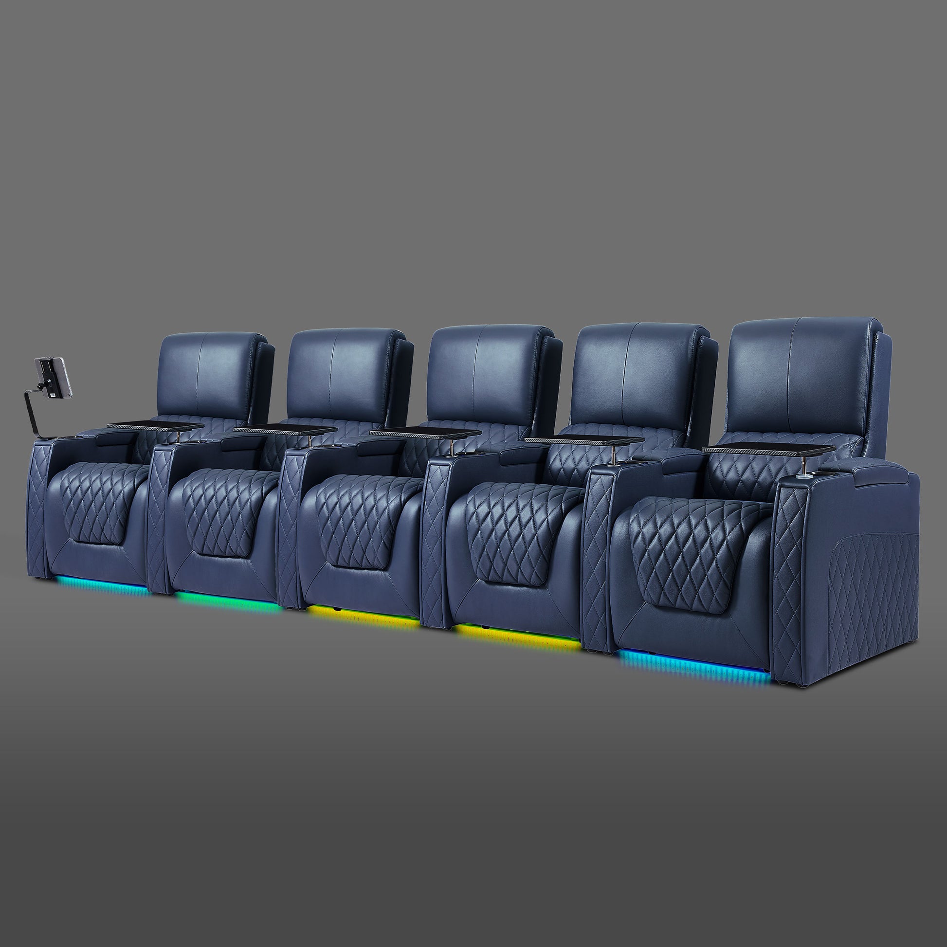 Axys series blue 5-seat cinema couch with powered recline system and center console
