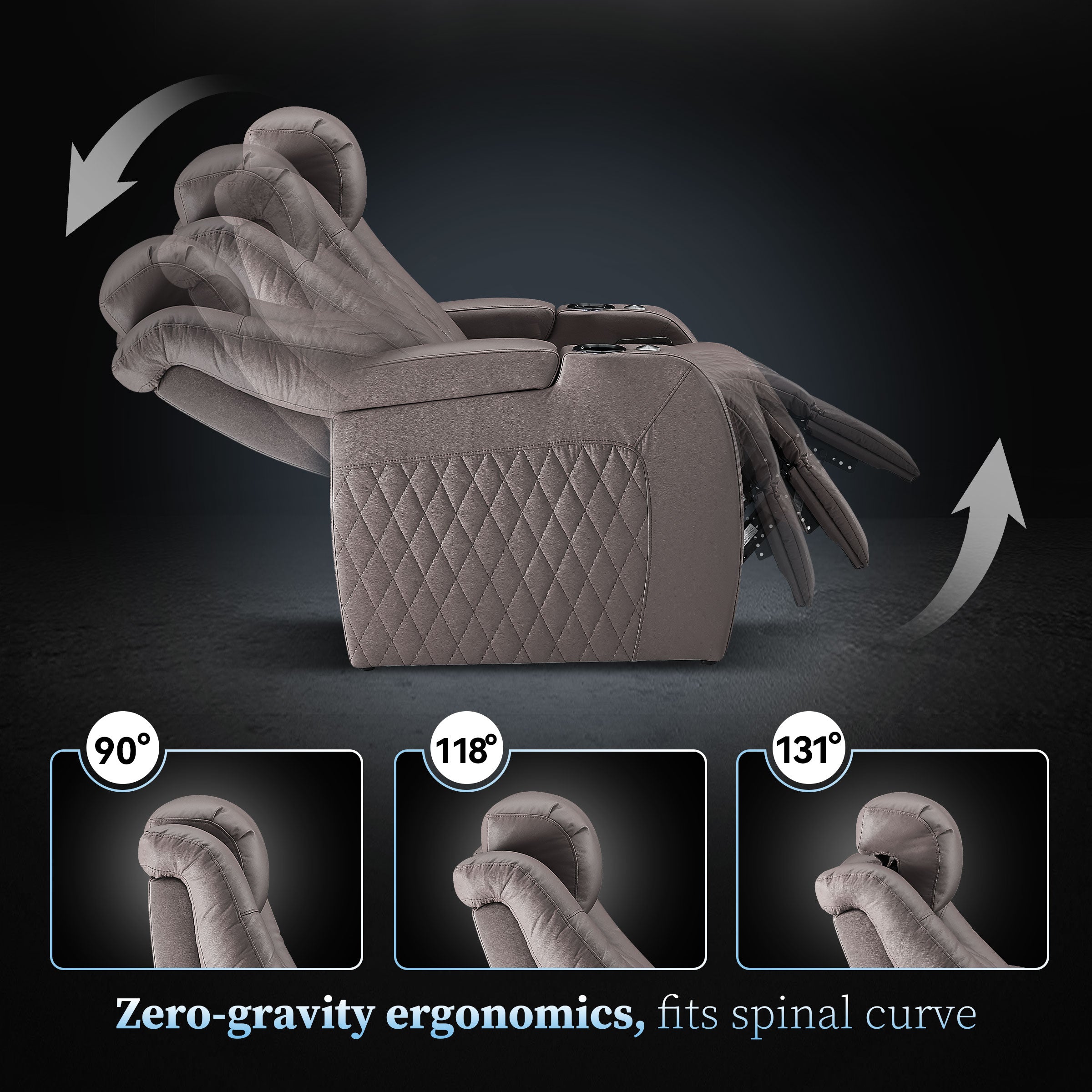 Gray cinema seating shown in a fully reclined viewing position