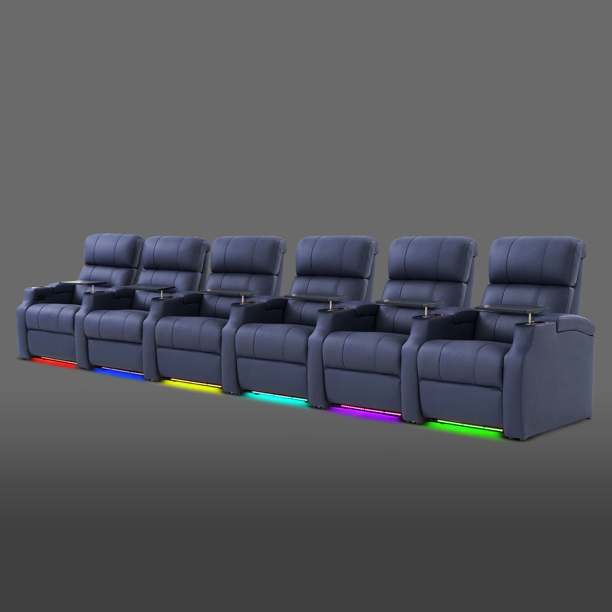 Edgex Series blue 6-seat luxury theater recliner set with adjustable LED lighting