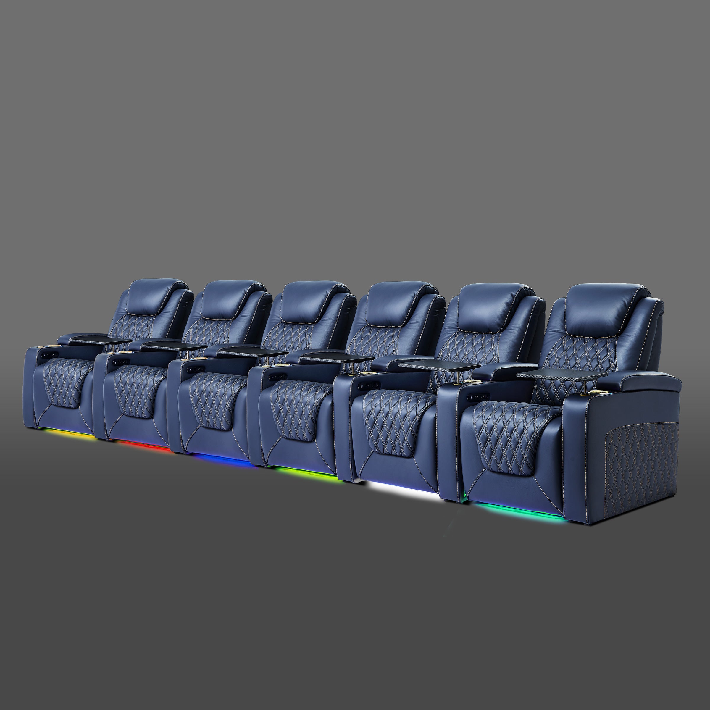 Blue six seat cinema sofa shown in a reclined viewing position