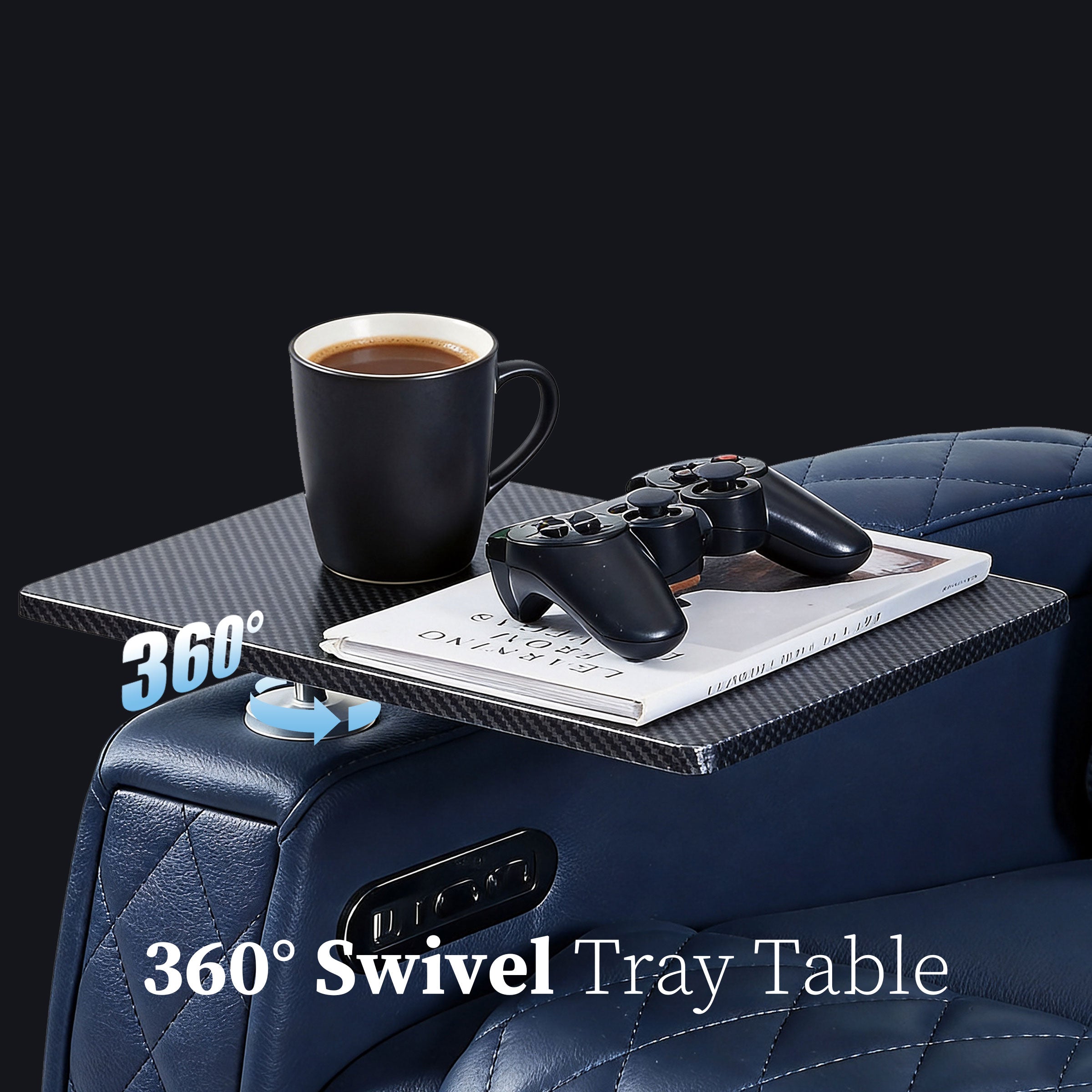 Blue theater recliner with swivel tray table and storage armrest