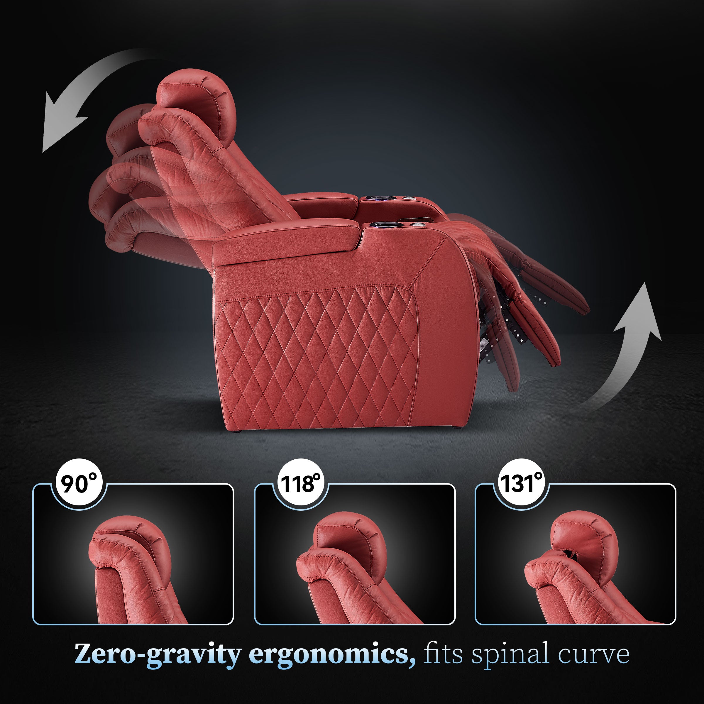 Red seating shown in a fully reclined lounging position