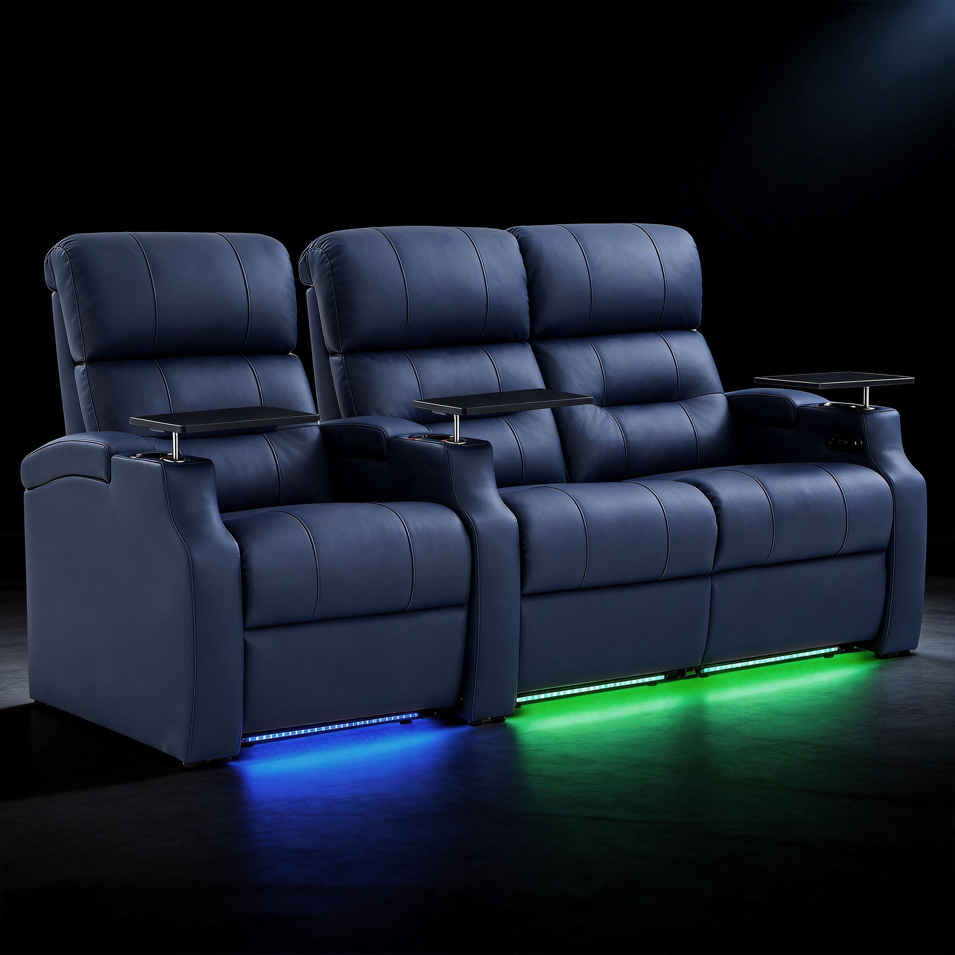 Edgex Series blue home theater seating showcasing multi-color LED lighting modes