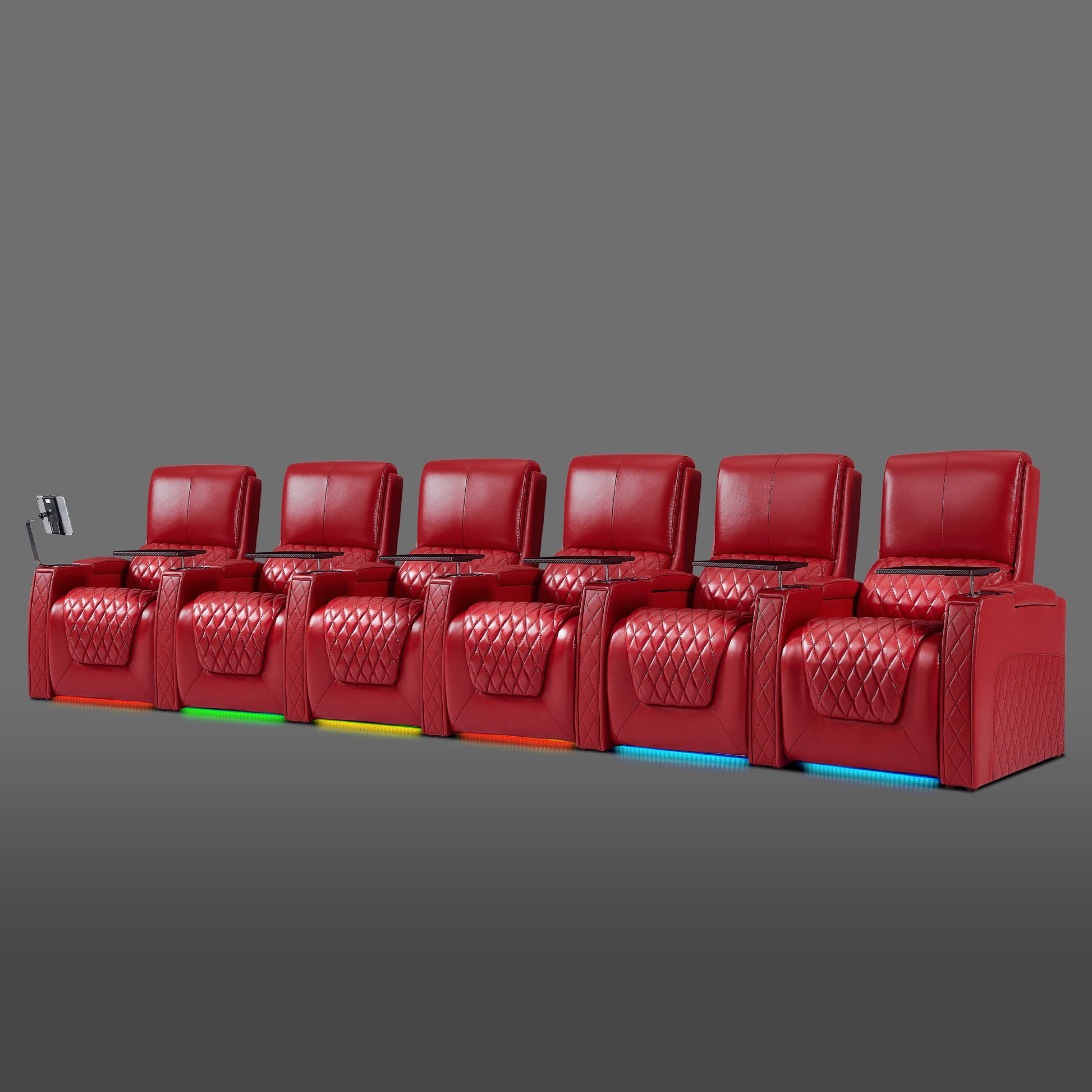 Axys series red six-seat premium cinema recliner set with ambient floor lighting and charging ports