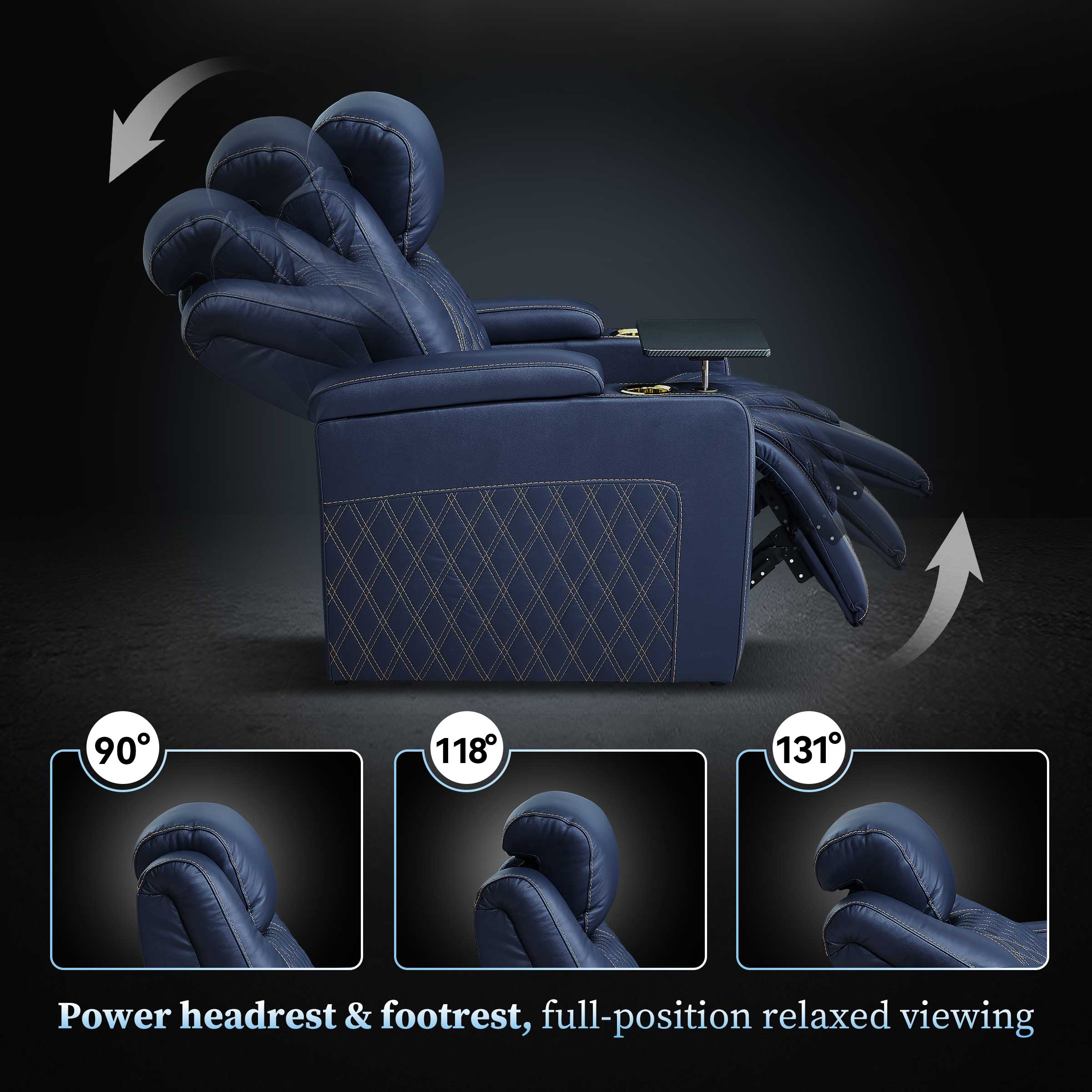Adjustable headrest on blue seating for personalized comfort