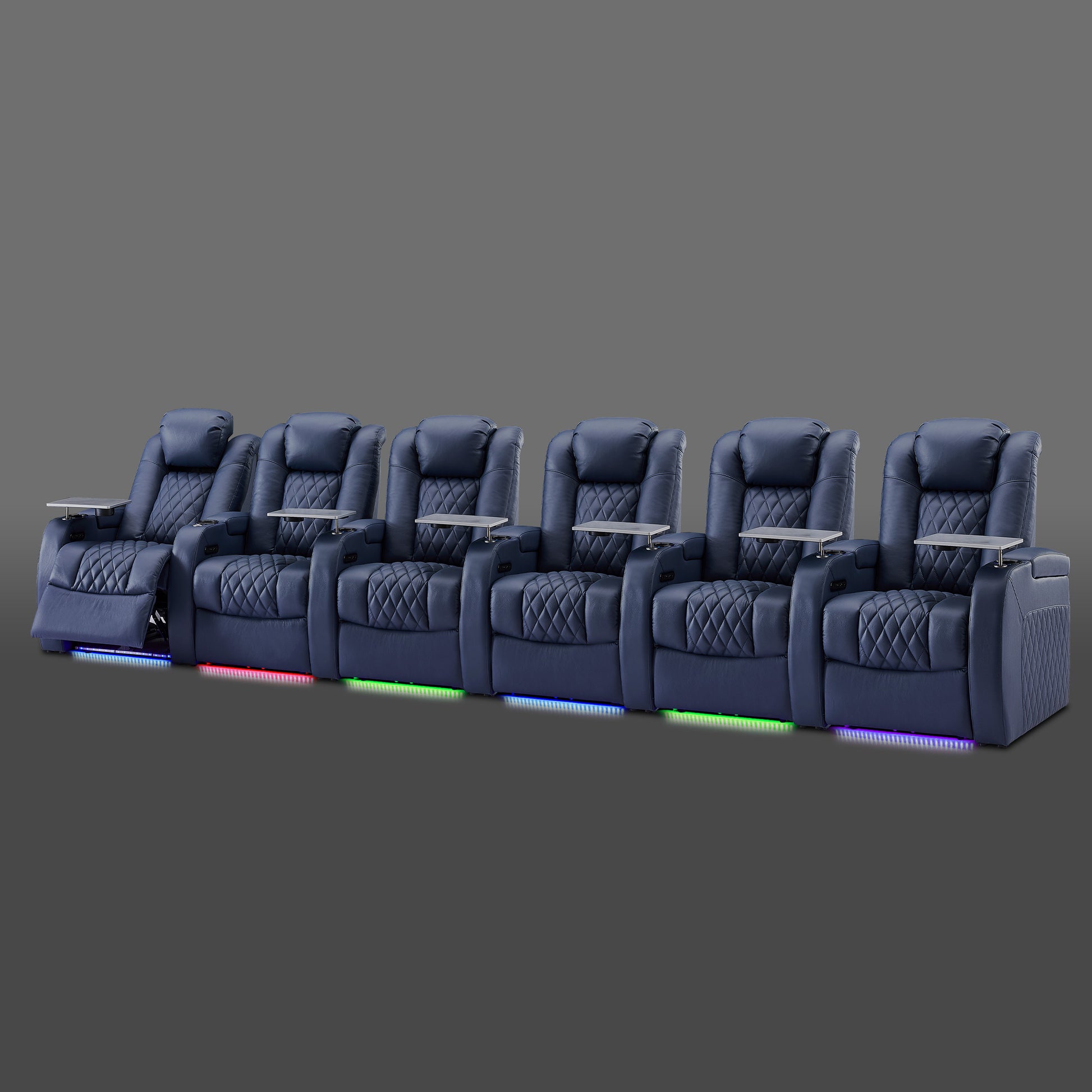 Six chair blue cinema seating configuration with unified design