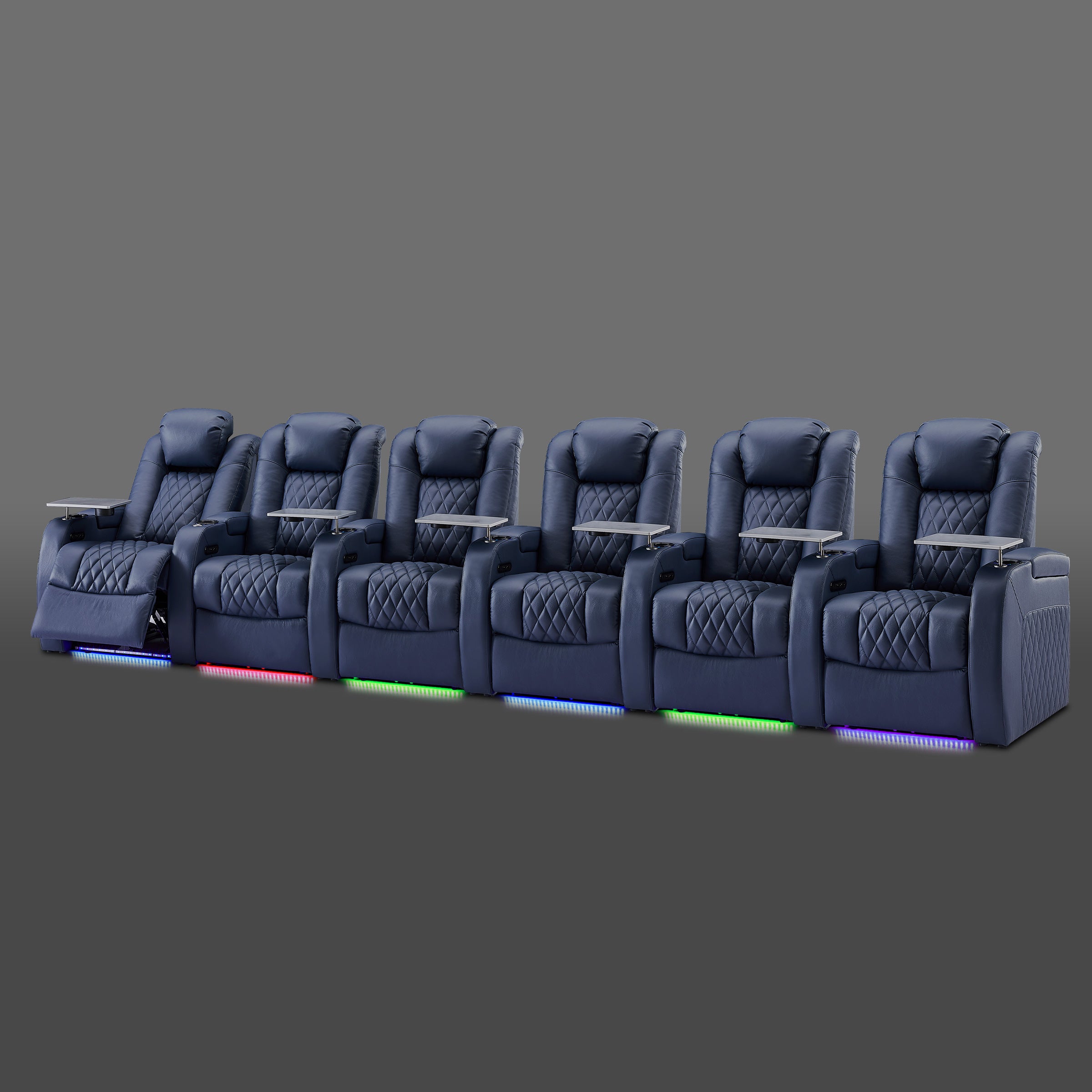 Six chair blue cinema seating configuration with unified design