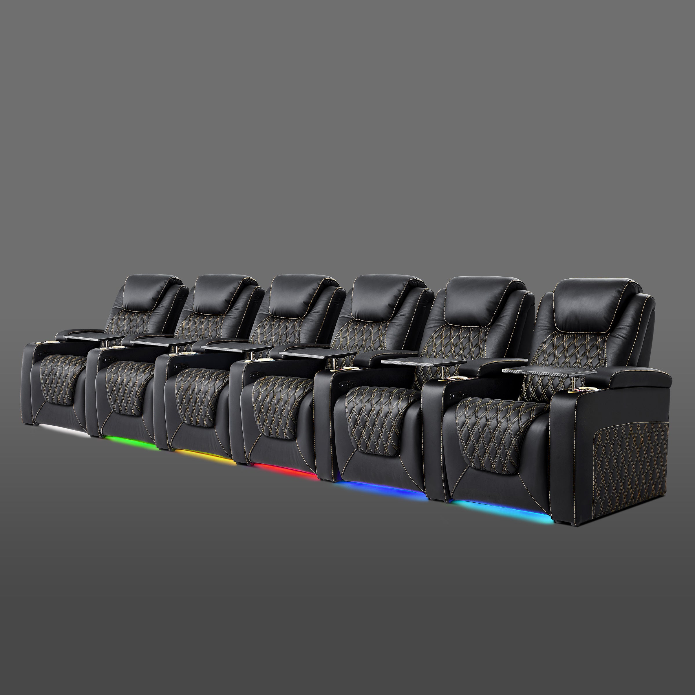 Black 6-seat power recliner with adjustable headrest