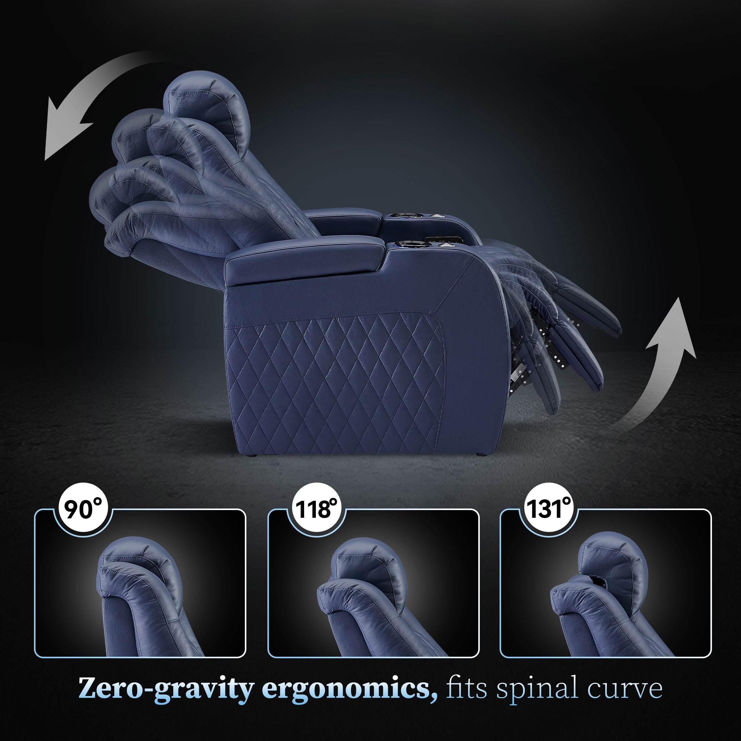 Blue movie chair with adjustable headrest and footrest