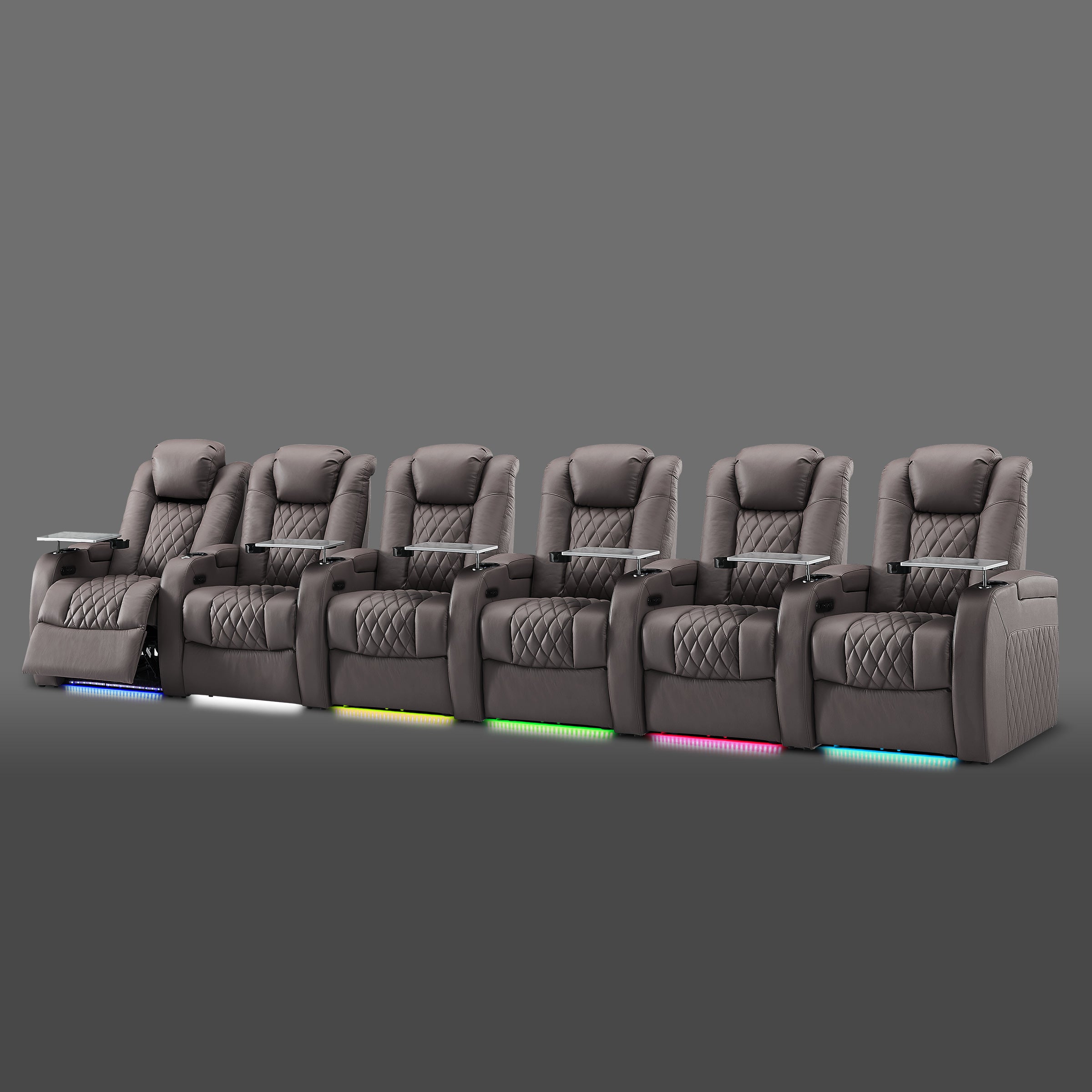 Grey 6 seat cinema sofa with adjustable headrest & lighting