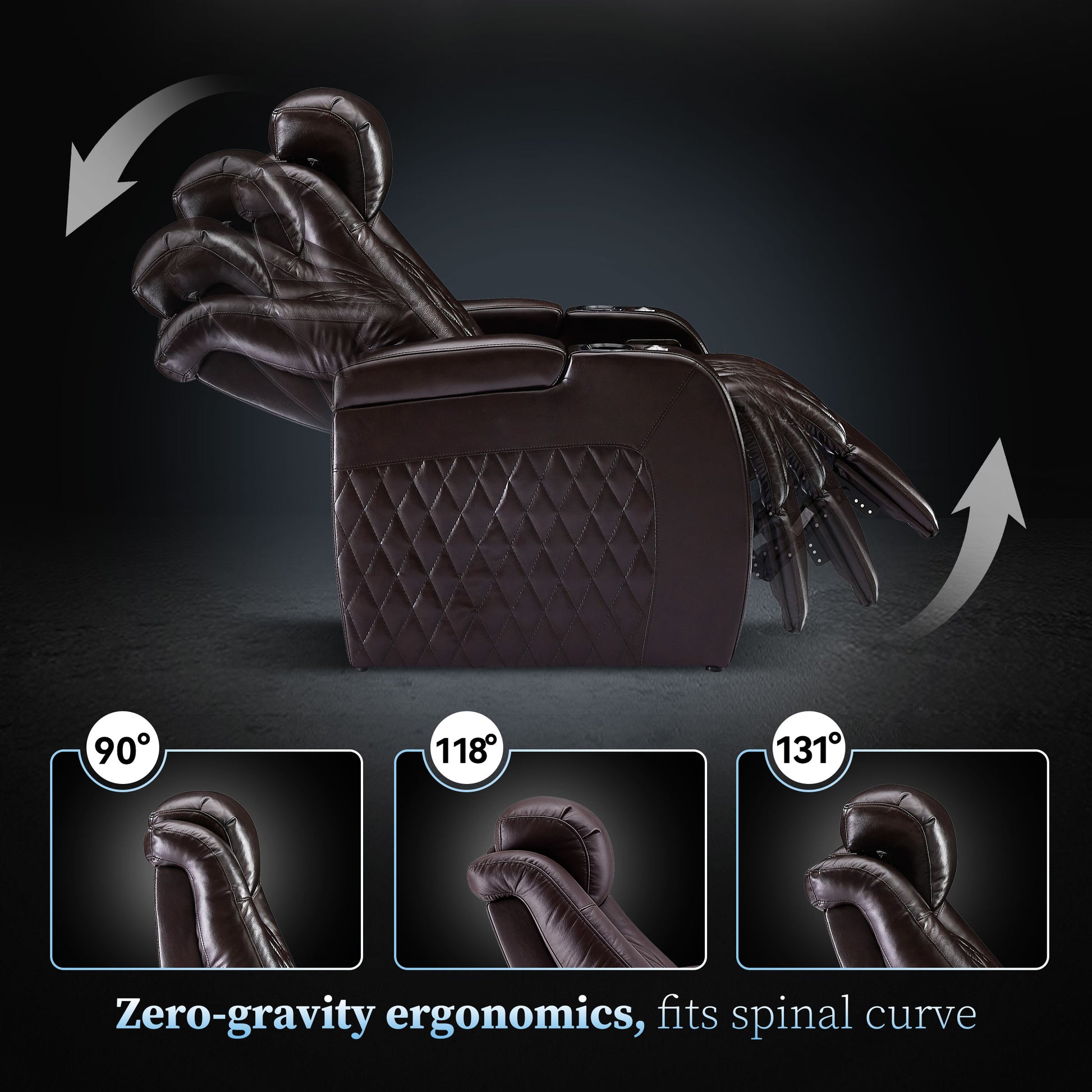 Brown cinema seating shown in fully reclined position