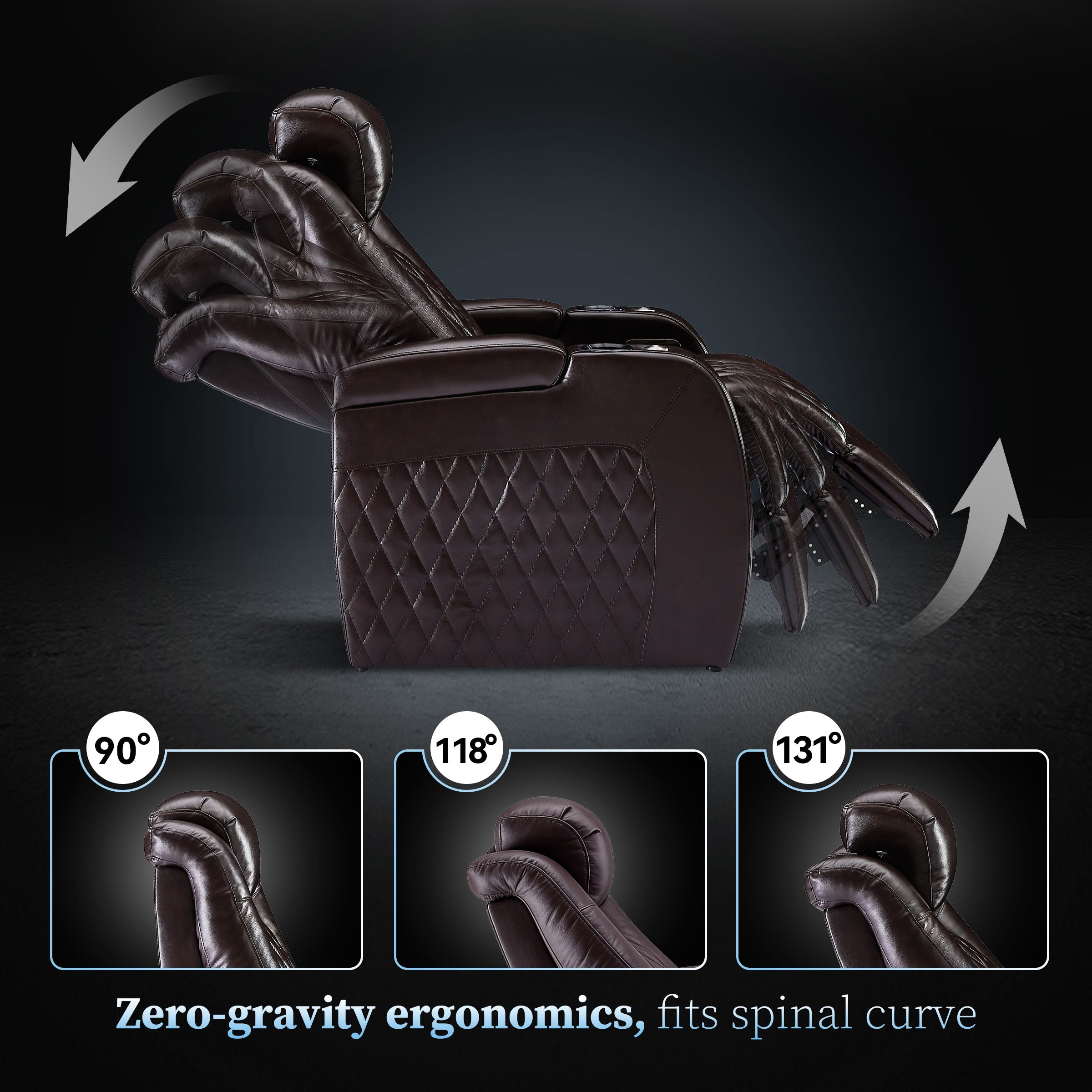 Brown cinema seating shown in fully reclined position