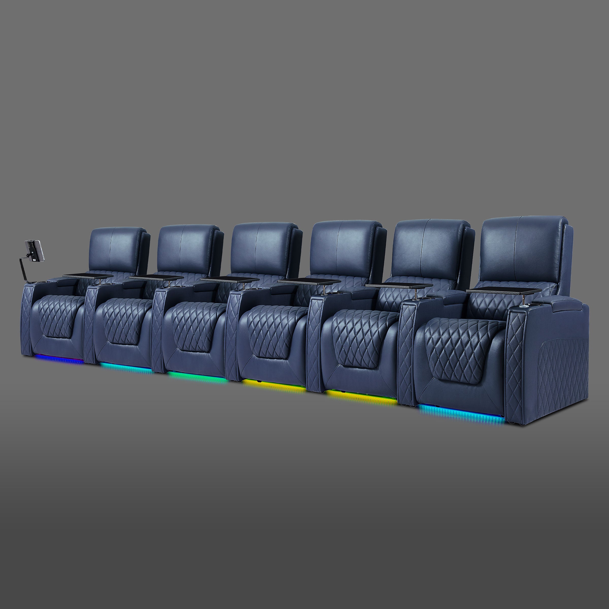 Axys series blue 6-seat luxury theater recliner set with under-seat LED illumination and USB ports