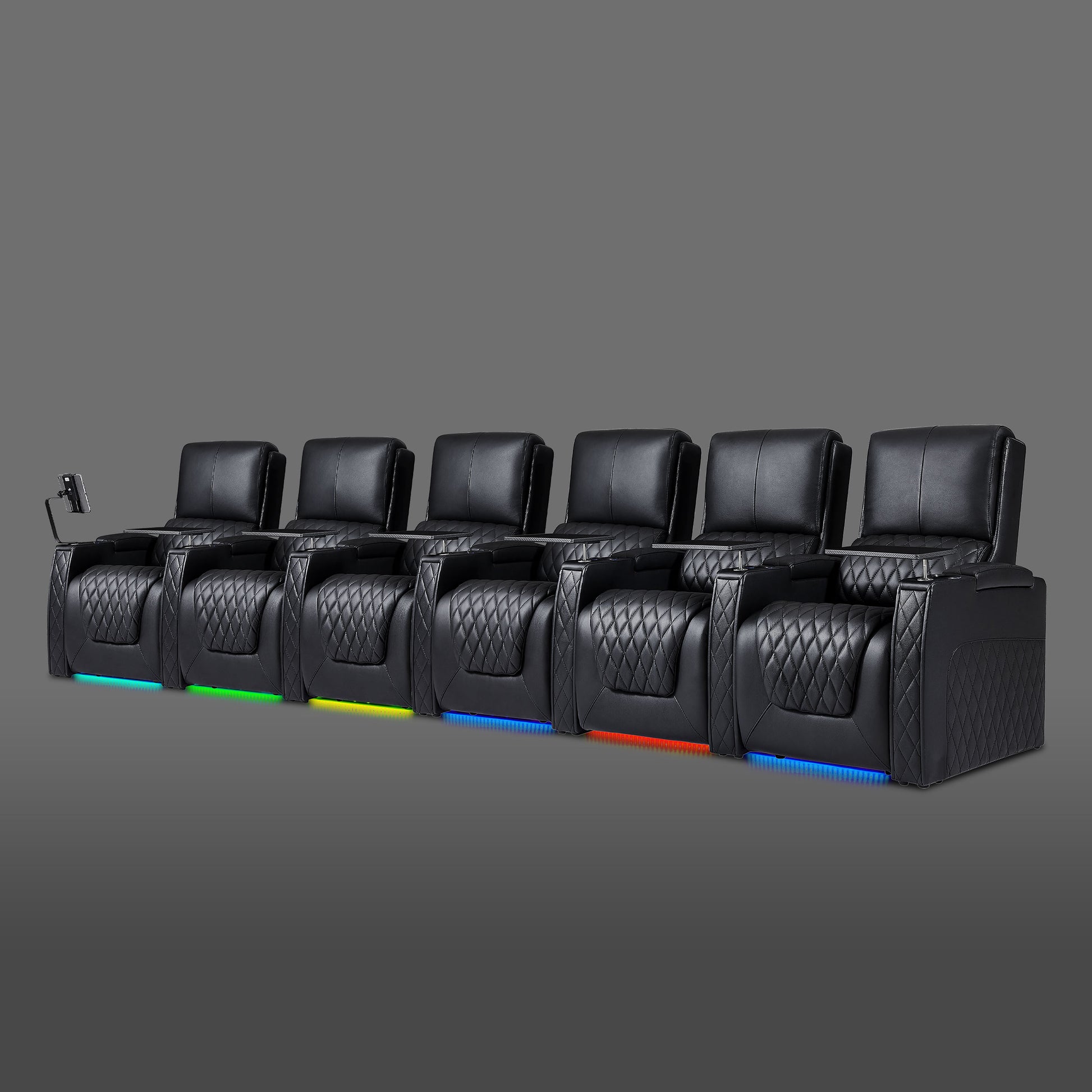 Axys series black leather 6-seat luxury home theater recliner sofa with LED base lights and USB charging