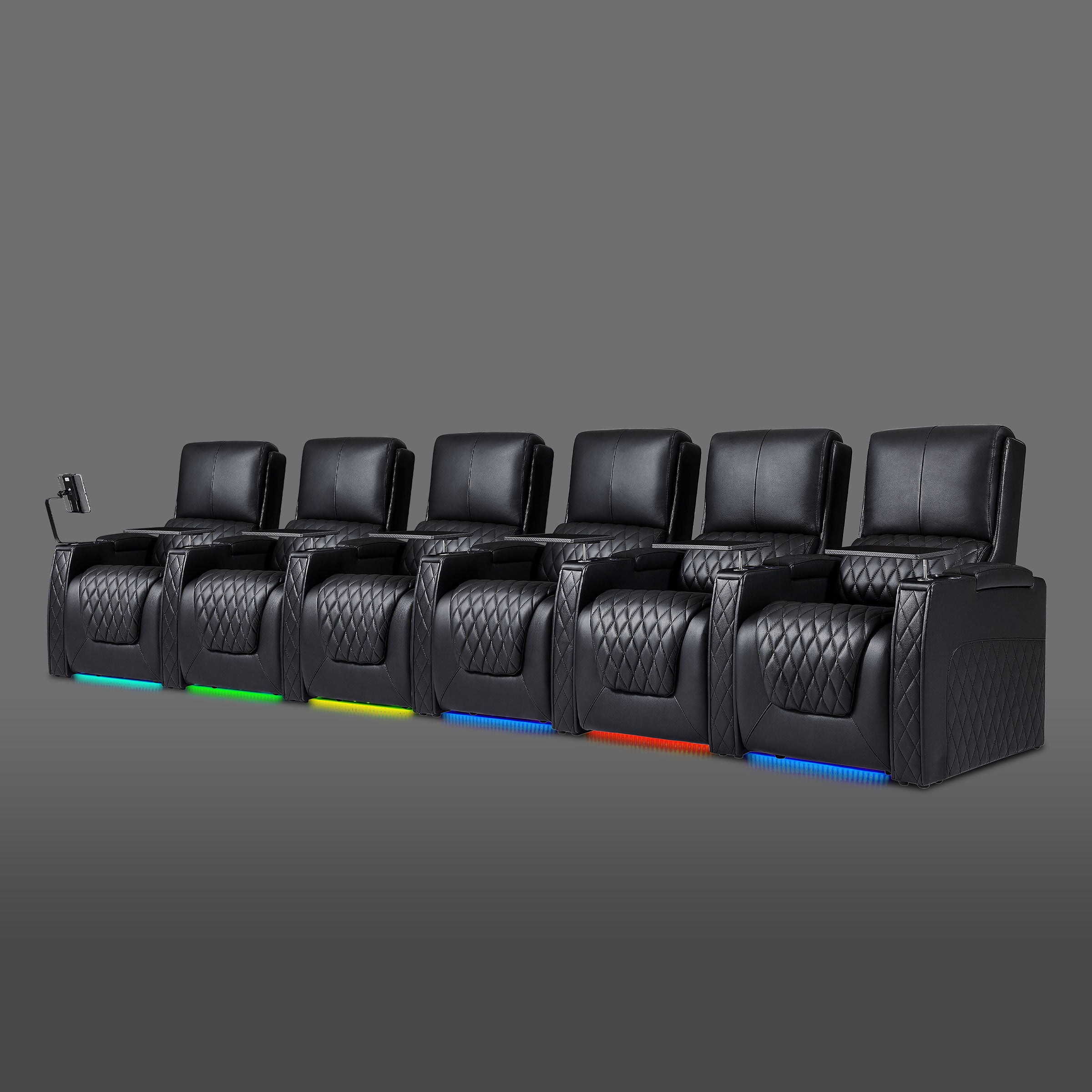Axys series black leather 6-seat luxury home theater recliner sofa with LED base lights and USB charging