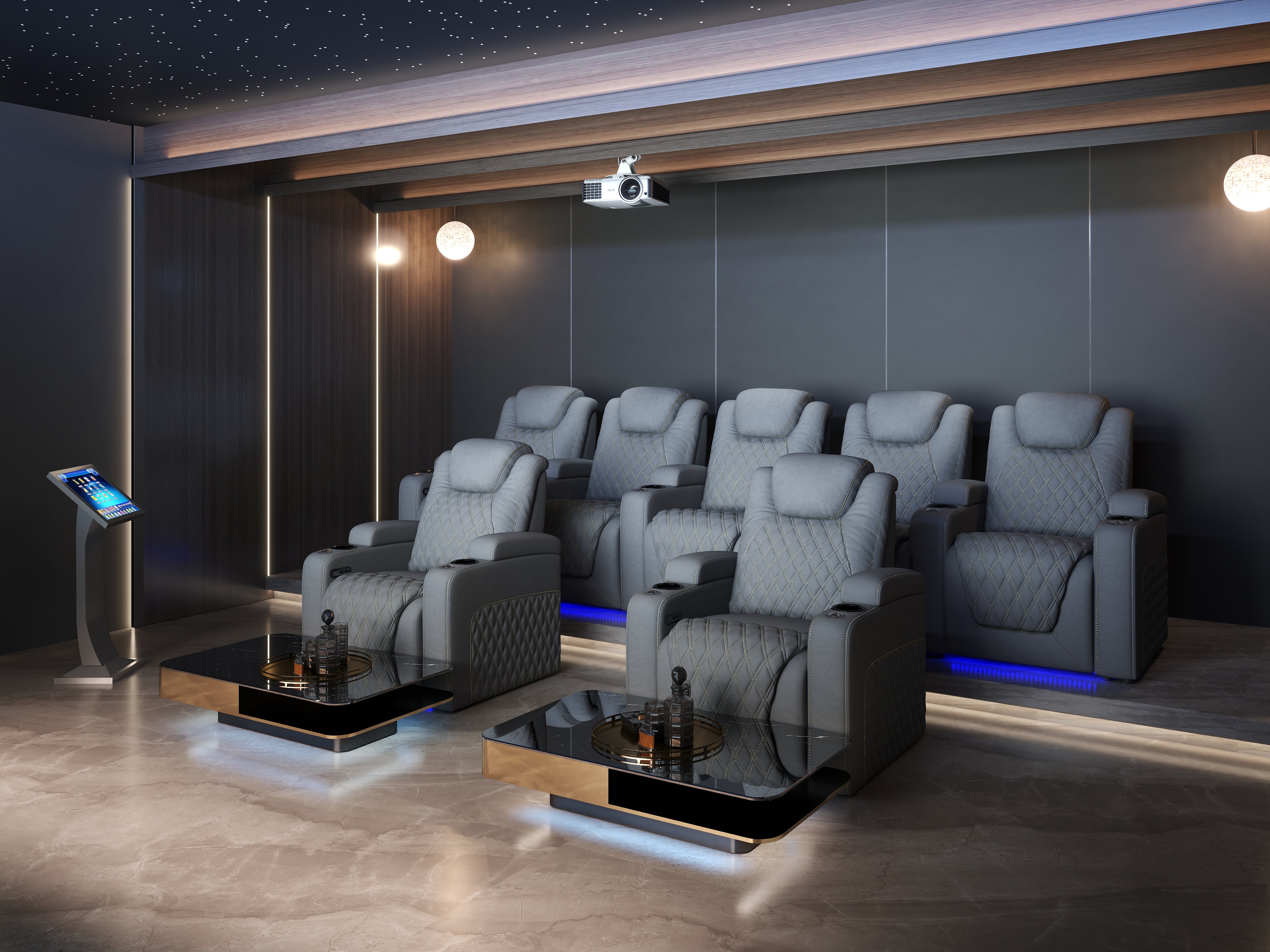 Comfortable theater seating in a softly lit room designed for a relaxing evening at home