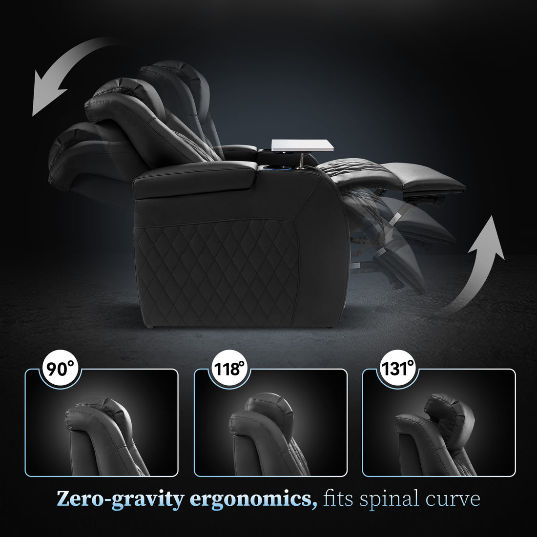 Black theater seating with adjustable headrest