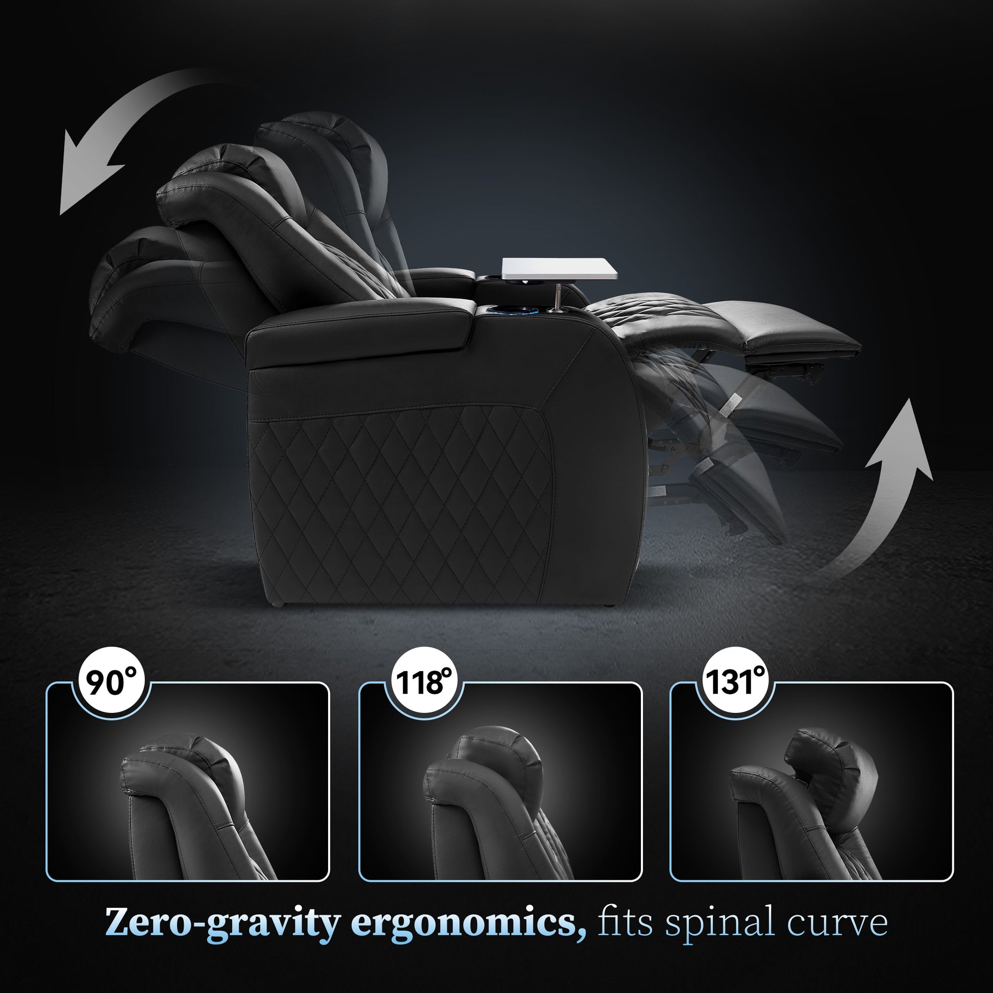 Black theater seating with adjustable headrest