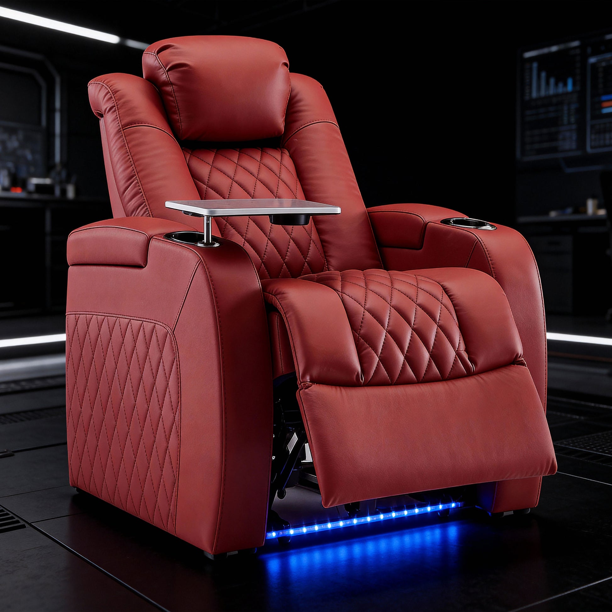 Red cinema chair with ambient lighting at the base