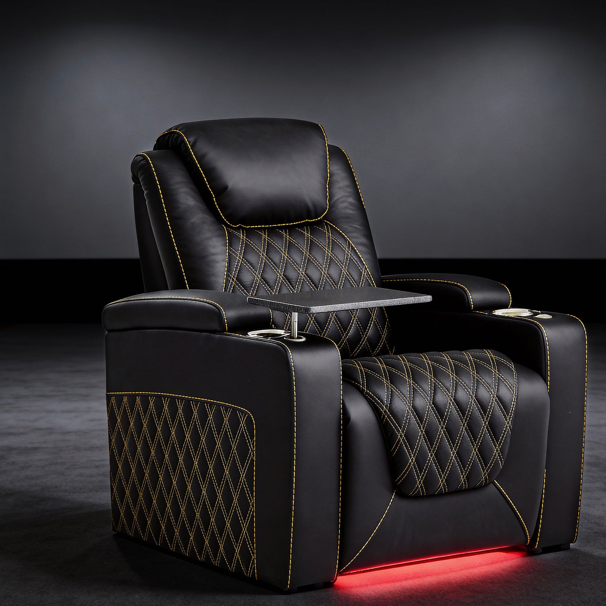 Soft ambient lighting built into the base of the seating