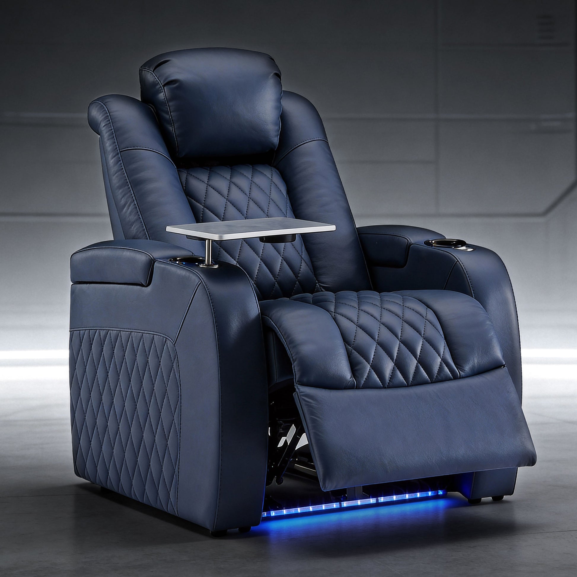 Blue top-grain leather sofa with ambient lighting