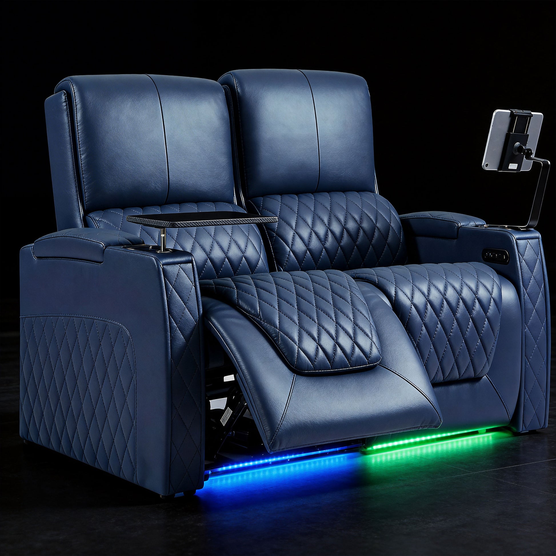 Blue home theater recliners with colorful LED underglow lighting