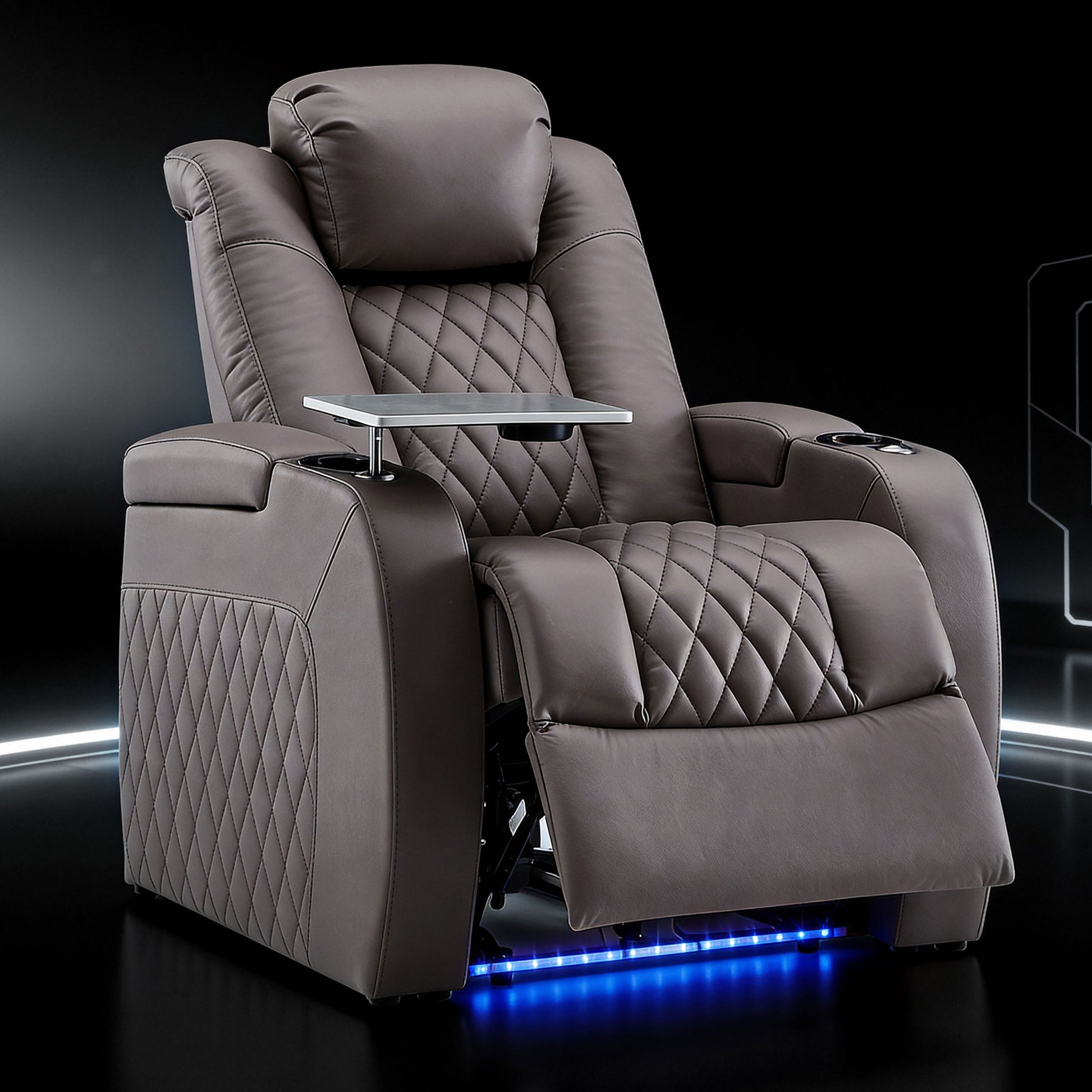 Gray reclining chair with LED ambient lighting at base