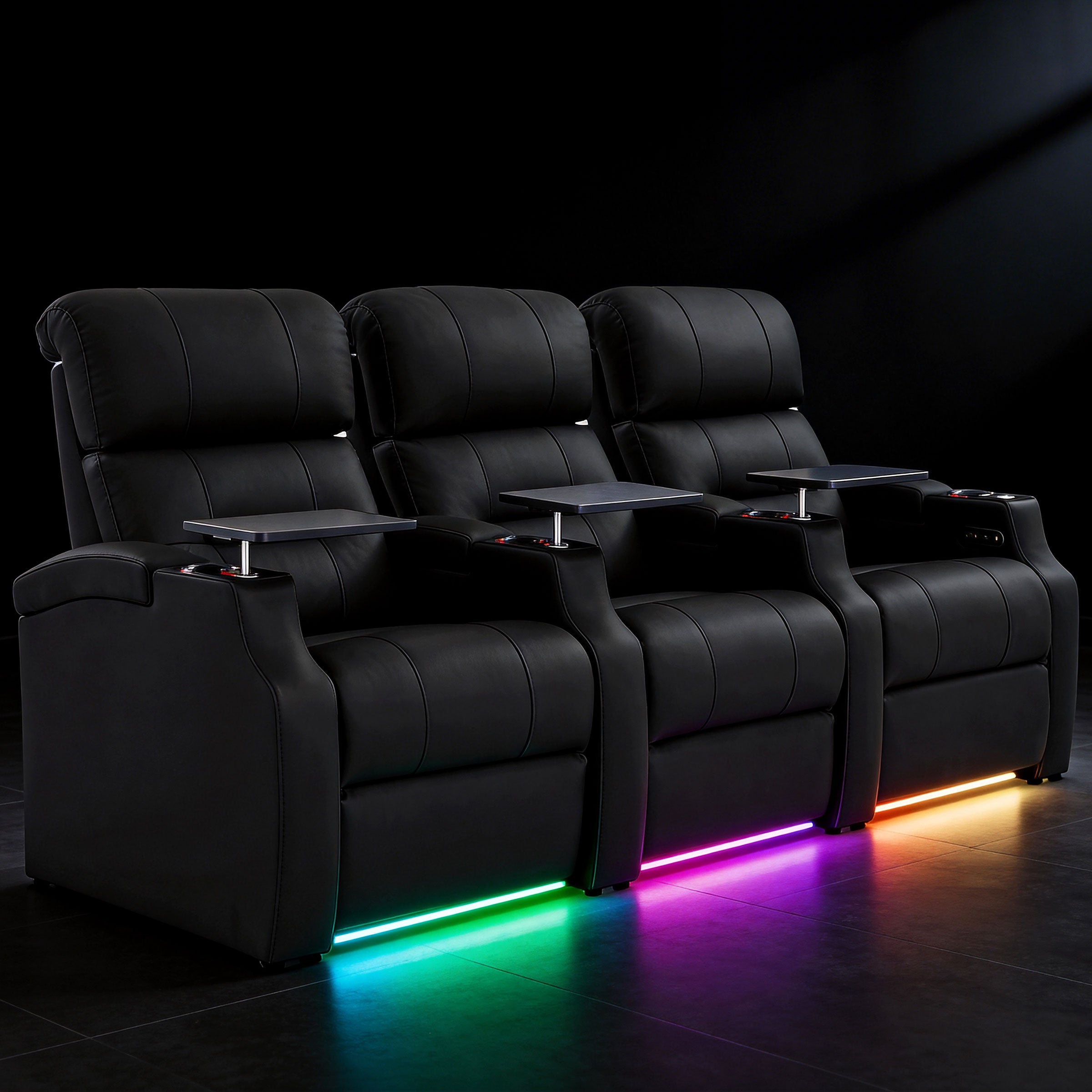 Edgex Series theater seating with vibrant mult-icolor LED base lights