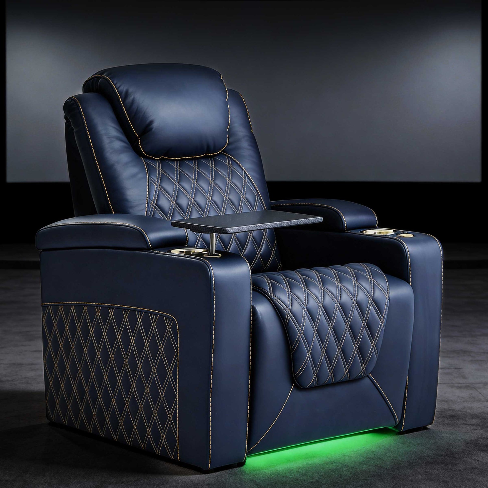 Soft glow ambient lighting running along the base of blue seating